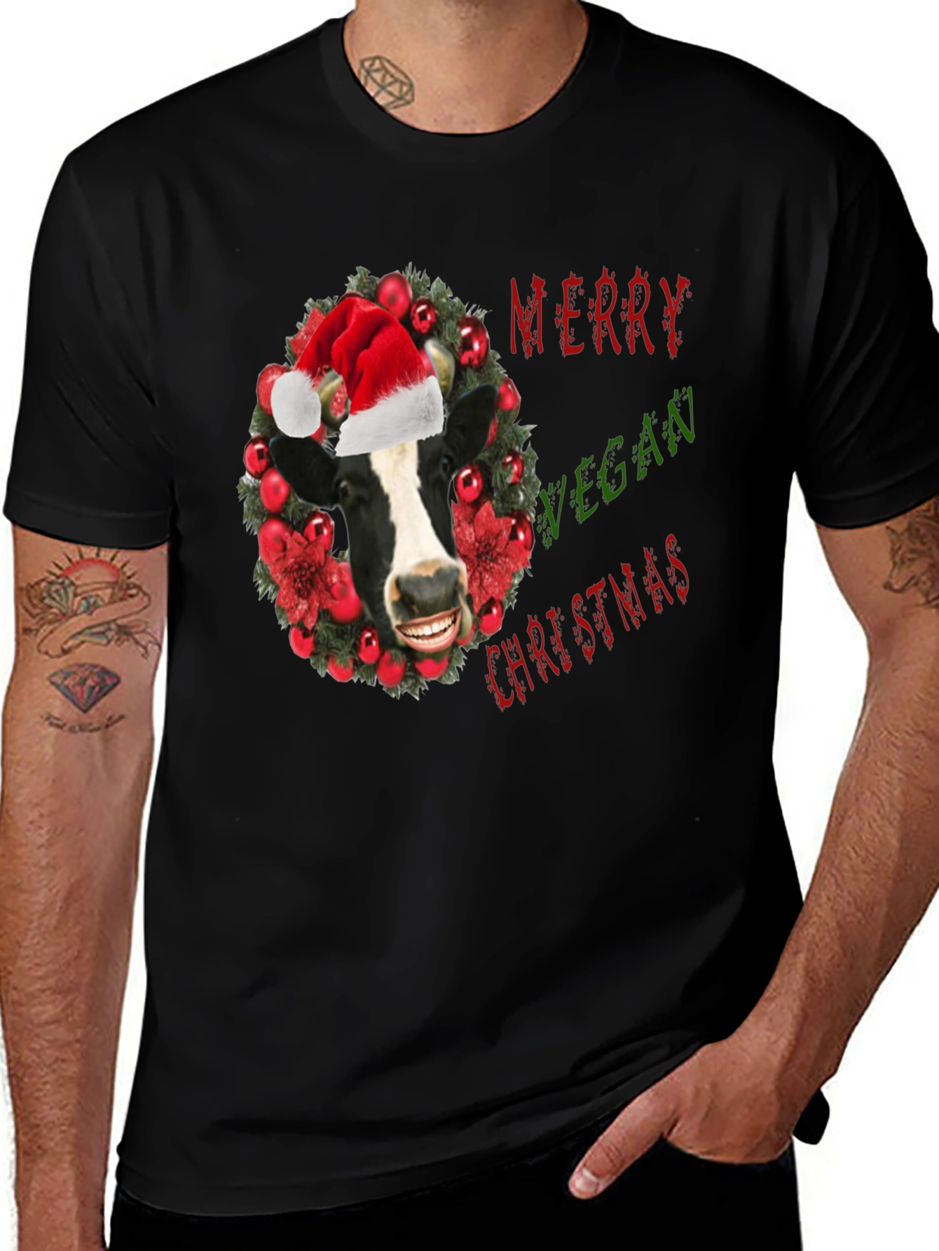 Merry Vegan Christmas Cow T-Shirt Holiday Tee