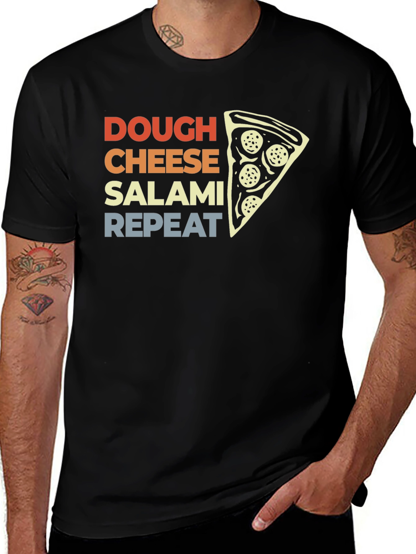 Dough Cheese Salami Repeat Pizza Graphic T-Shirt