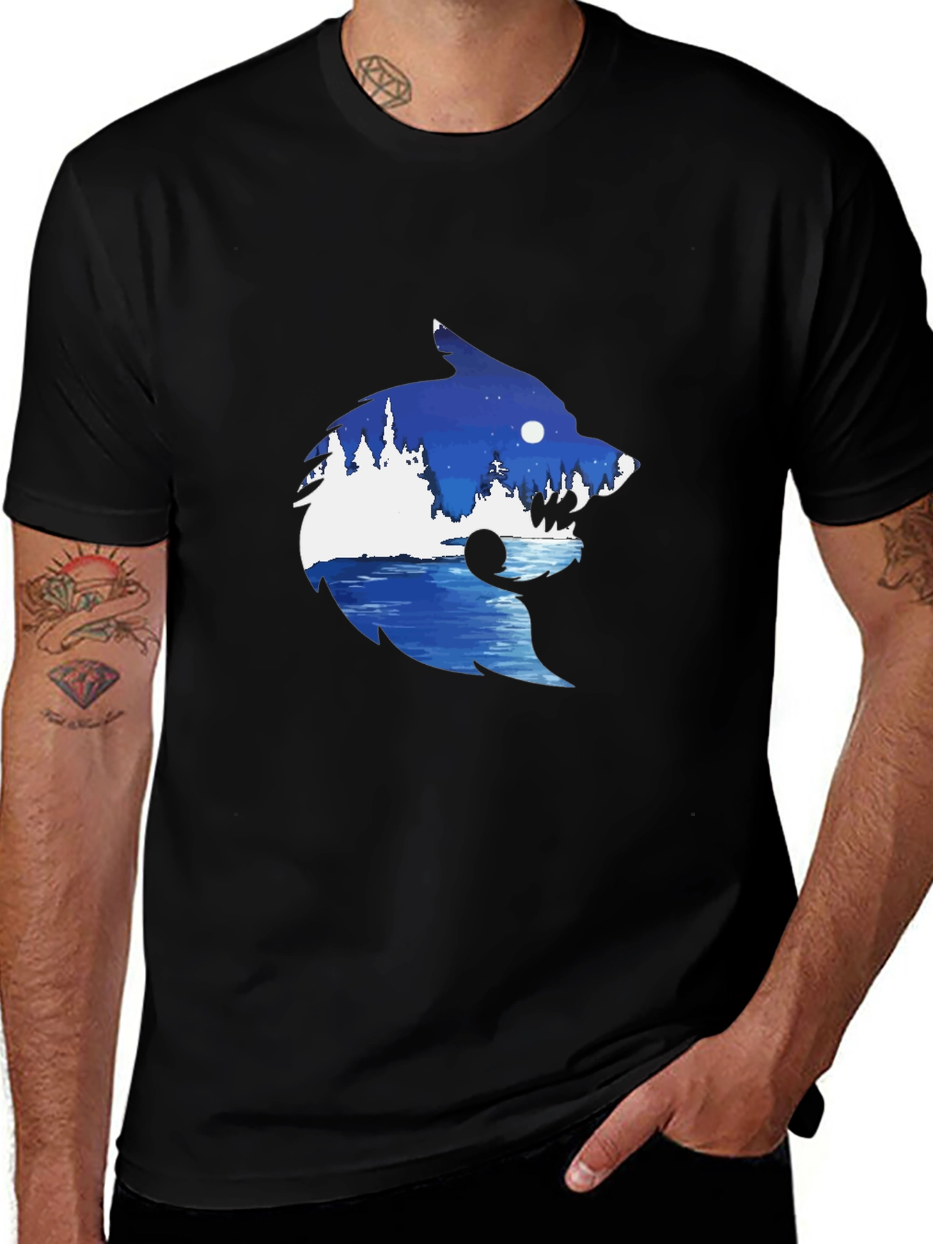 Variant 14 of Wolf Nature Scene Graphic Tee - Black
