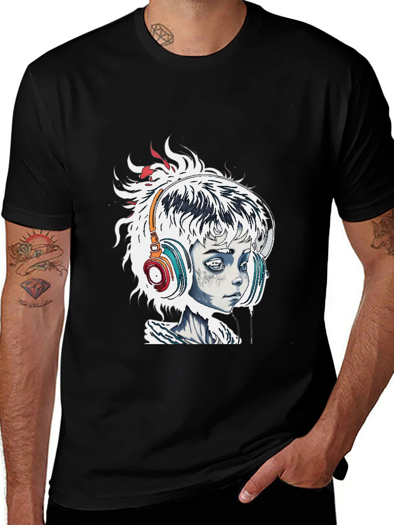 Variant 11 of Edgy Graphic Tee - Girl with Headphones Black T-Shirt