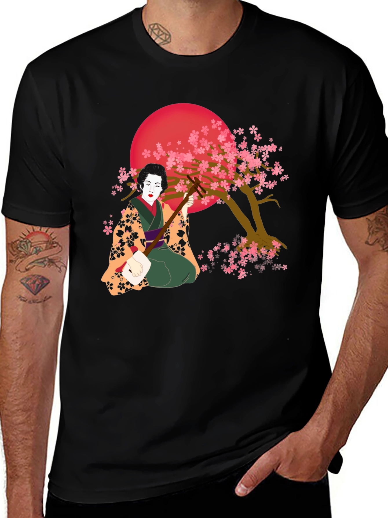 Variant 13 of Geisha Cherry Blossom Graphic Tee - Unique Artistic Design