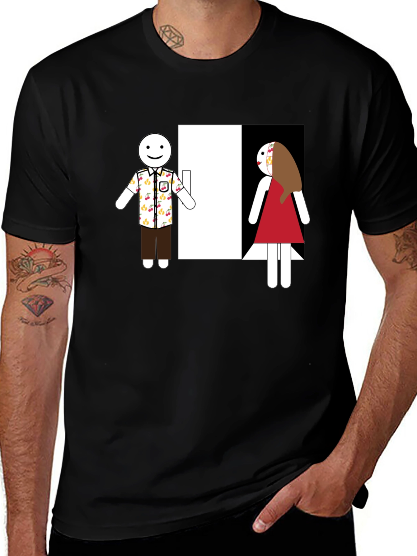Variant 26 of Novelty T-Shirt: Stick Figure Couple at Door