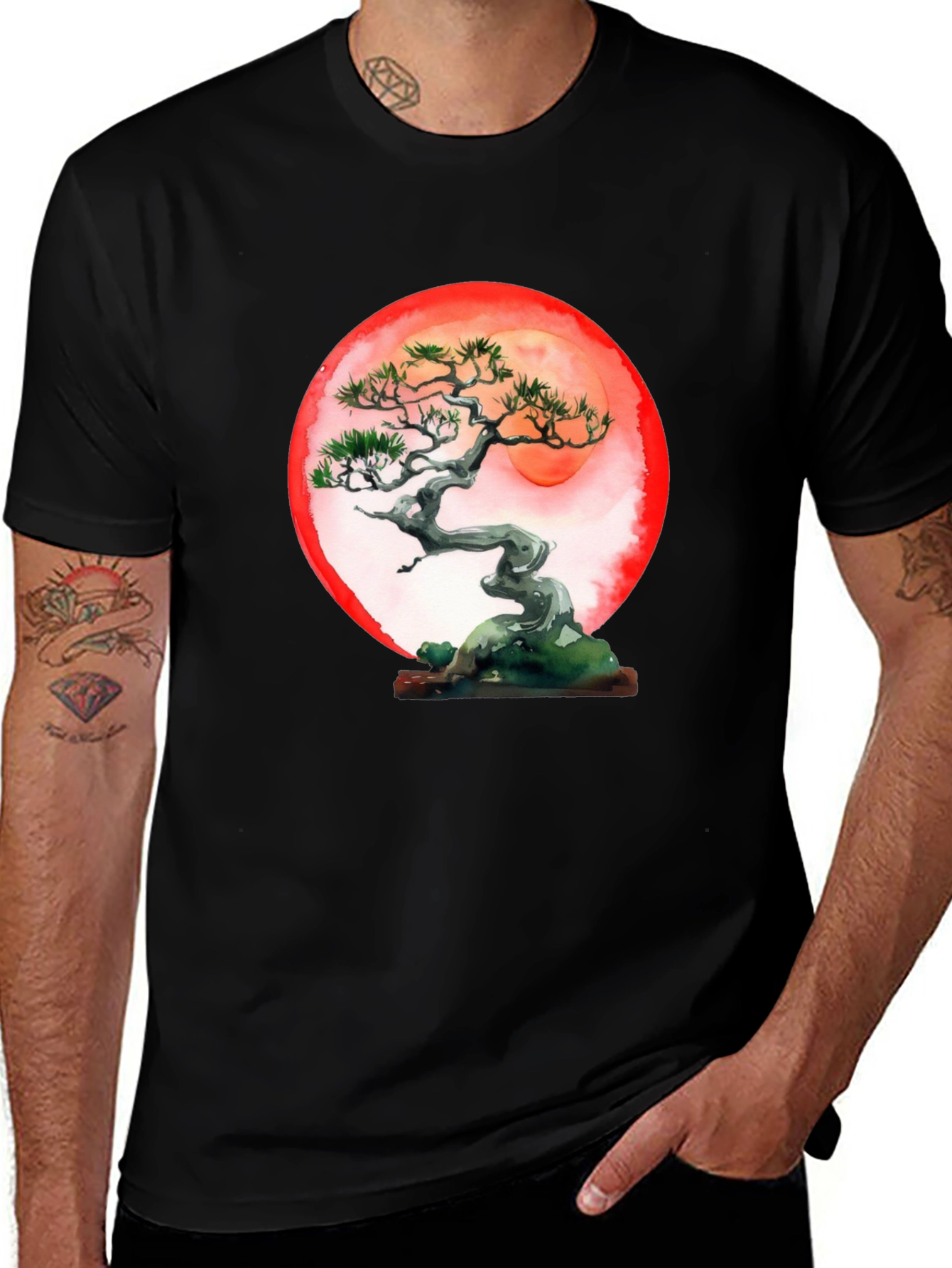 Variant 28 of Bonsai Tree Sunset Graphic Tee - Black