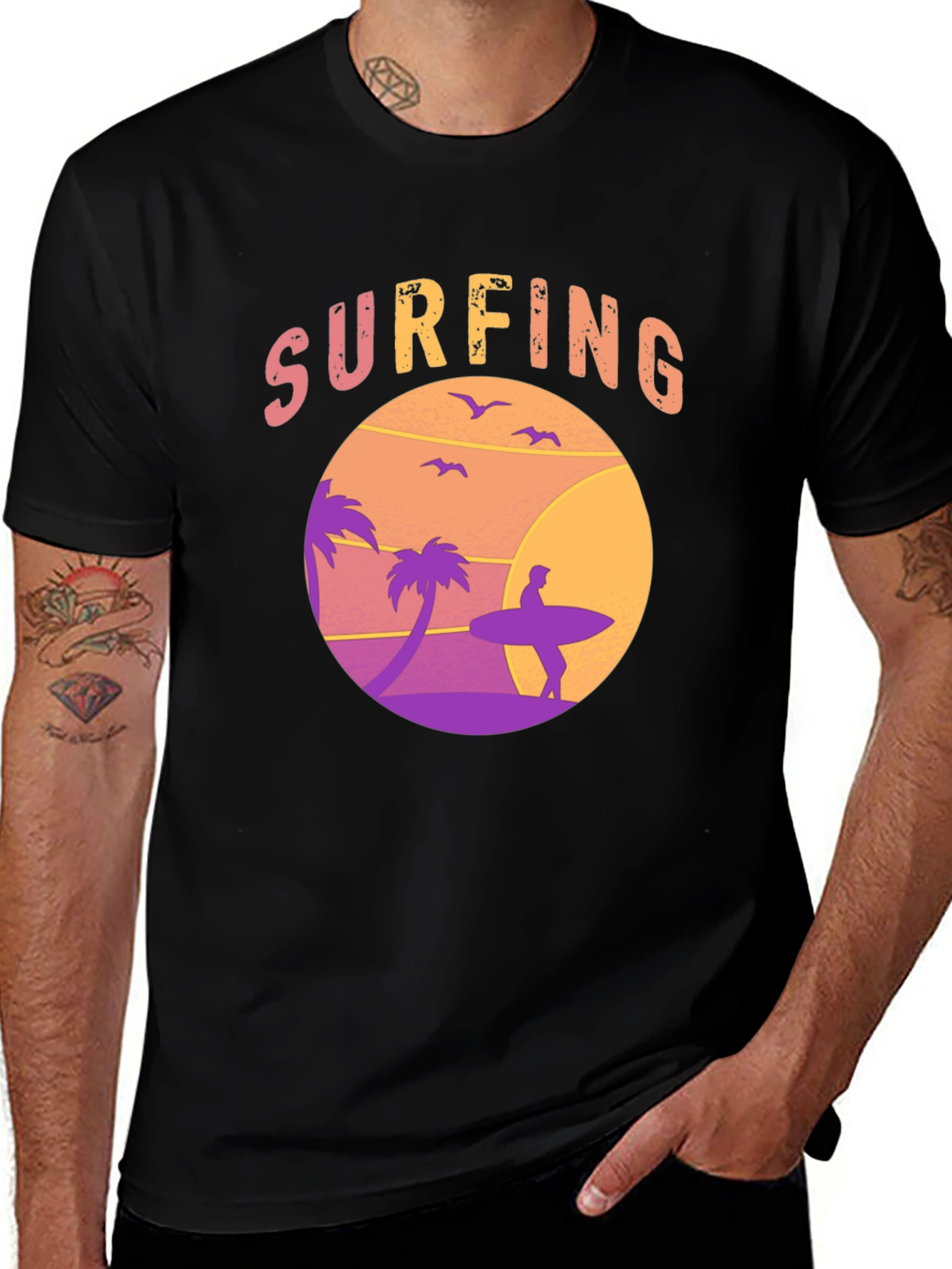 Variant 21 of Surfing Graphic Tee - Sunset Beach Design