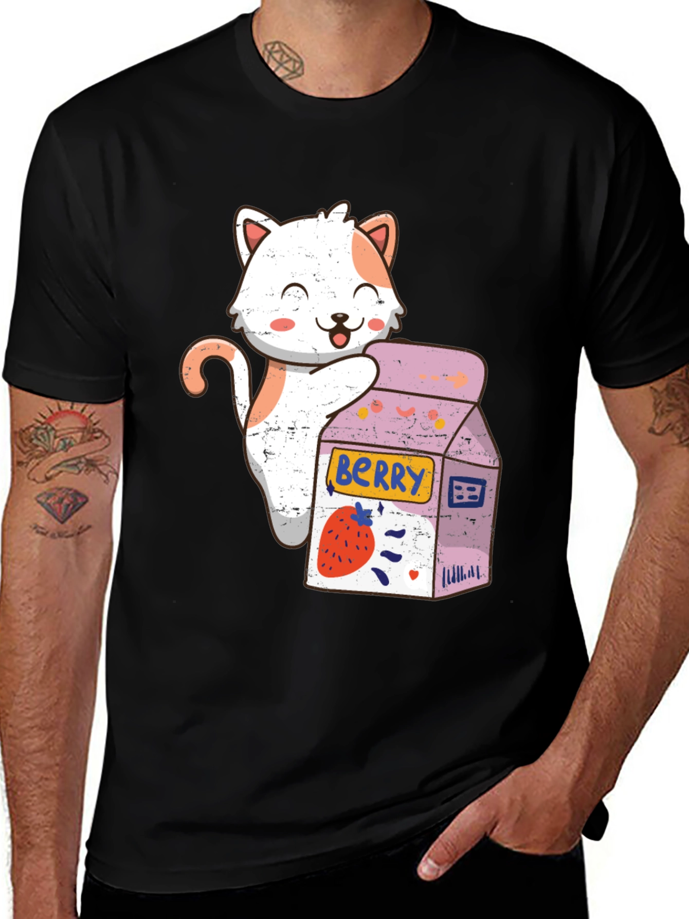 Variant 4 of Cute Cartoon Cat Berry Milk T-Shirt