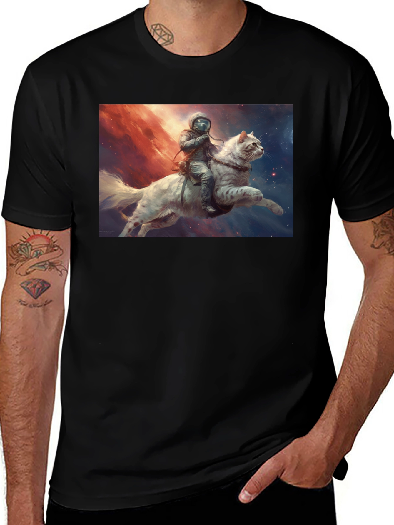 Variant 16 of Astronaut Cat Rider Graphic Tee - Black