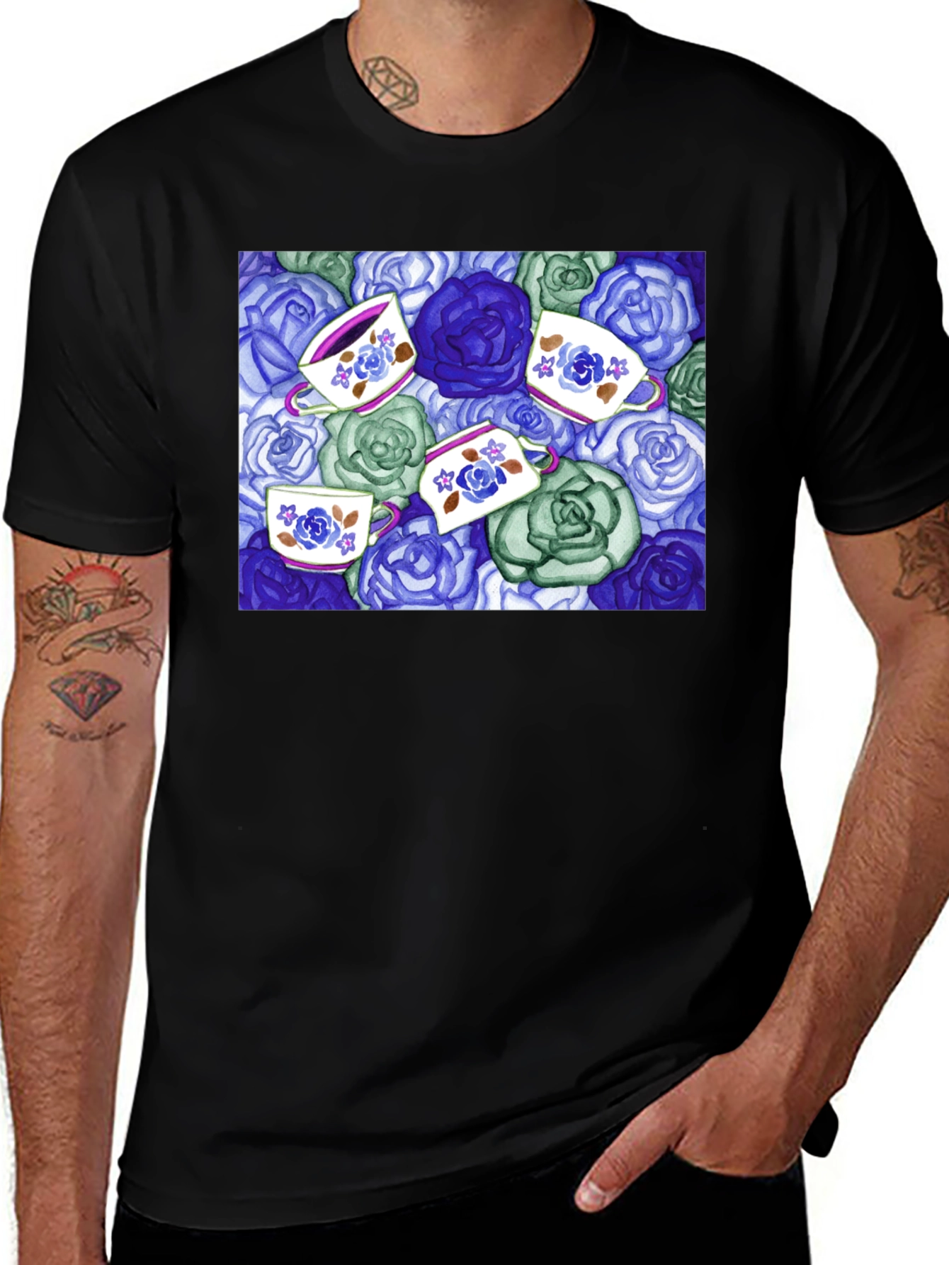 Black Floral Tea Cup T-Shirt - Unique Design main image