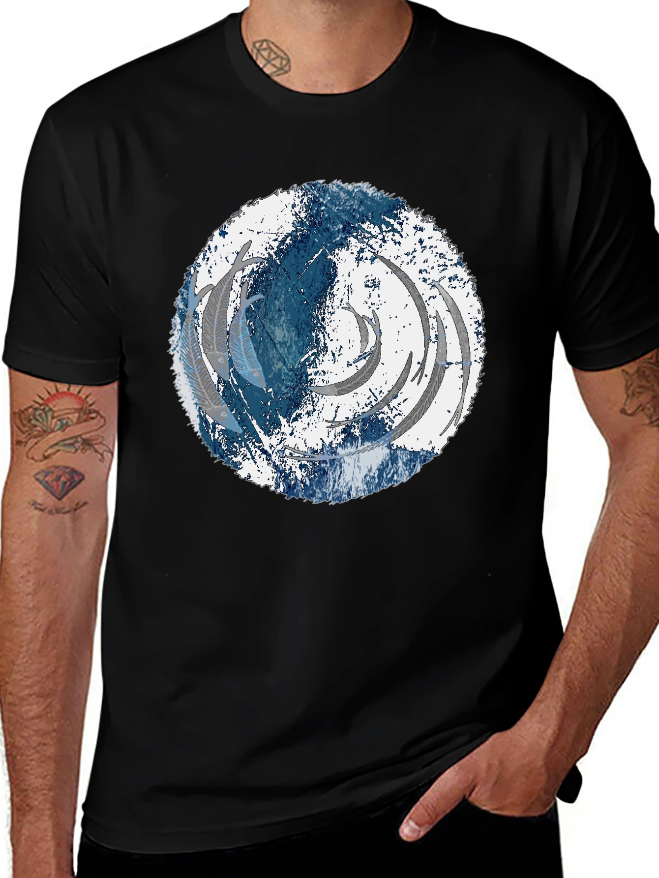 Variant 8 of Abstract Feather Circle Graphic Black Tee