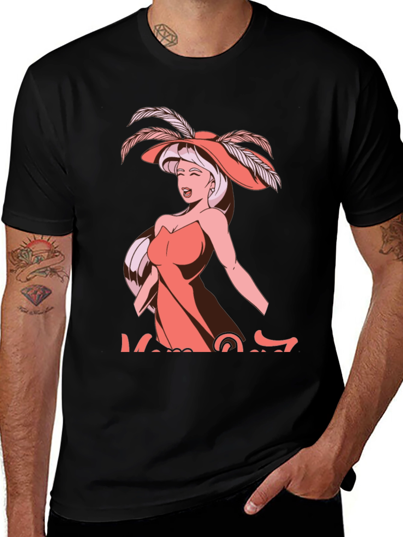 Variant 9 of Vintage Cartoon Lady Graphic Print Black T-Shirt
