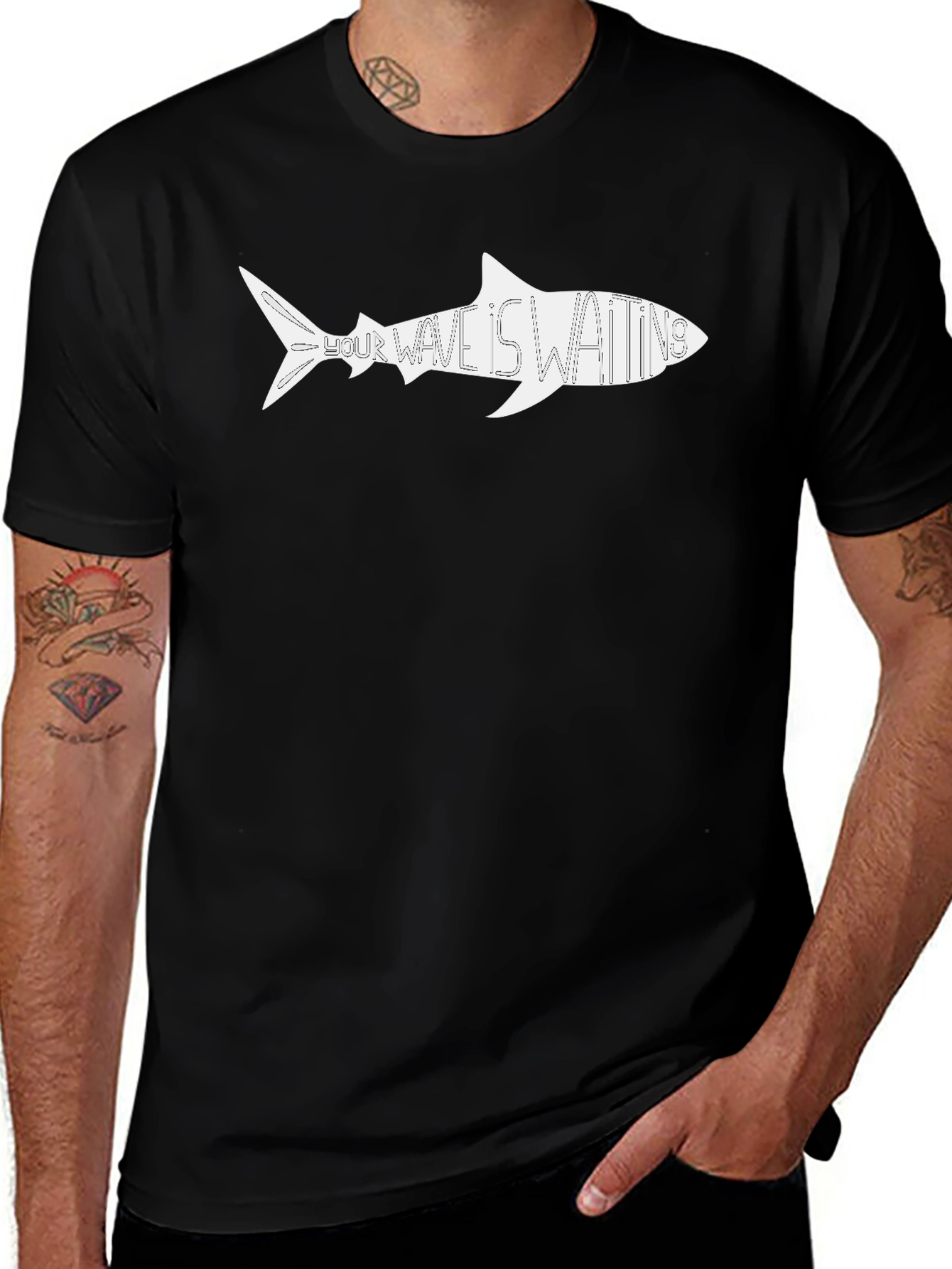 Shark Wave Waiting Graphic Tee - Black Cotton Shirt