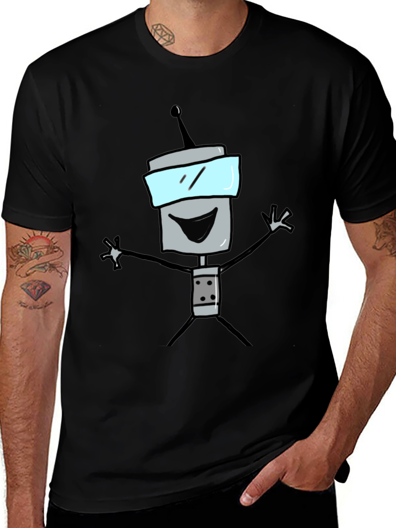 Variant 27 of Fun Robot Graphic Tee - Black Cotton T-Shirt