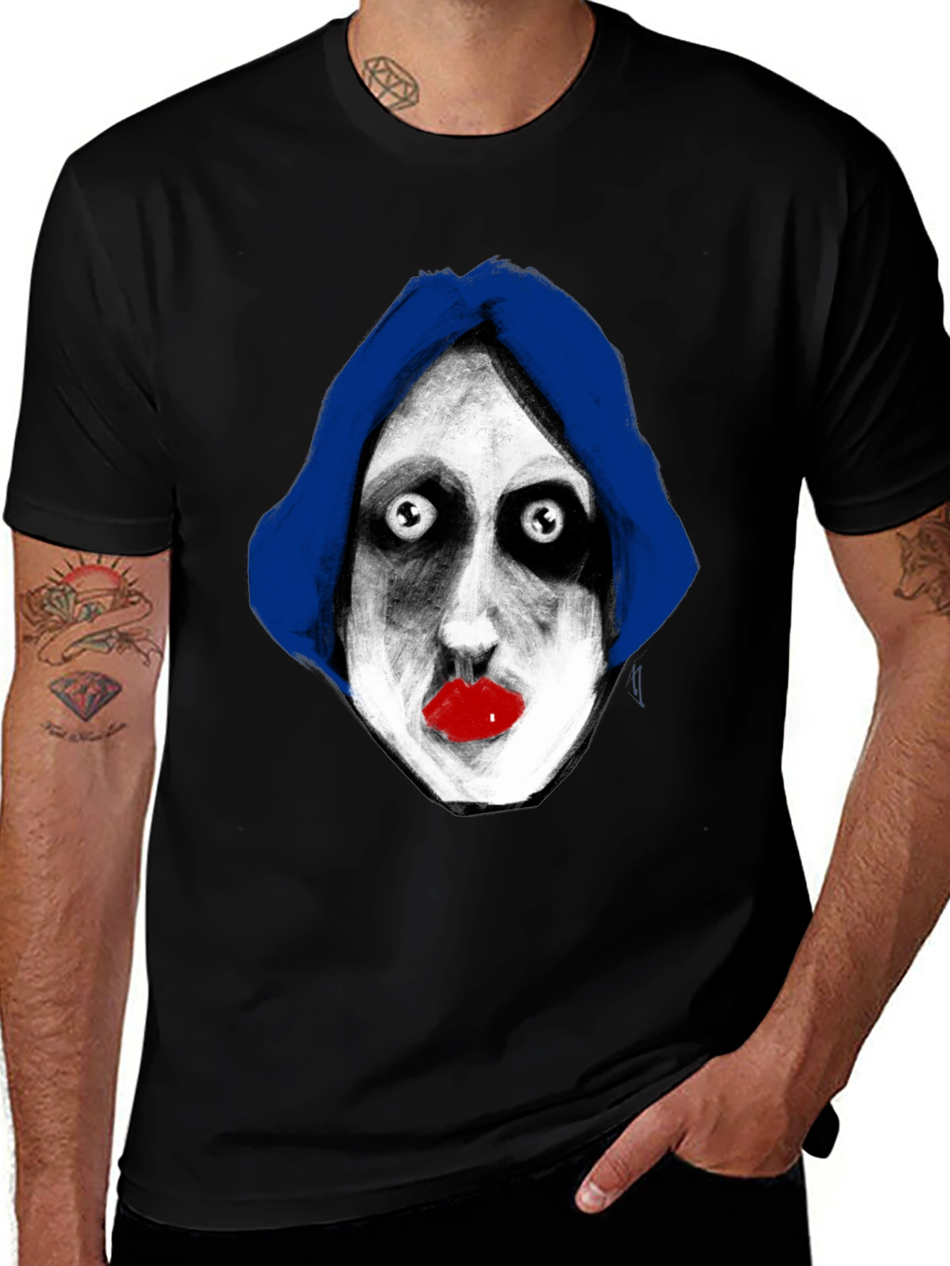 Variant 22 of Gothic Face Graphic Tee - Blue Hair, Red Lips