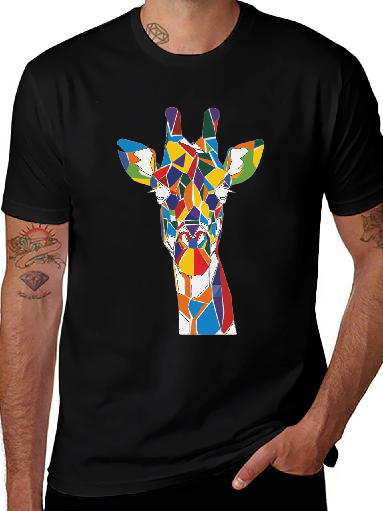 Colorful Giraffe Geometric Art Print Black T-Shirt