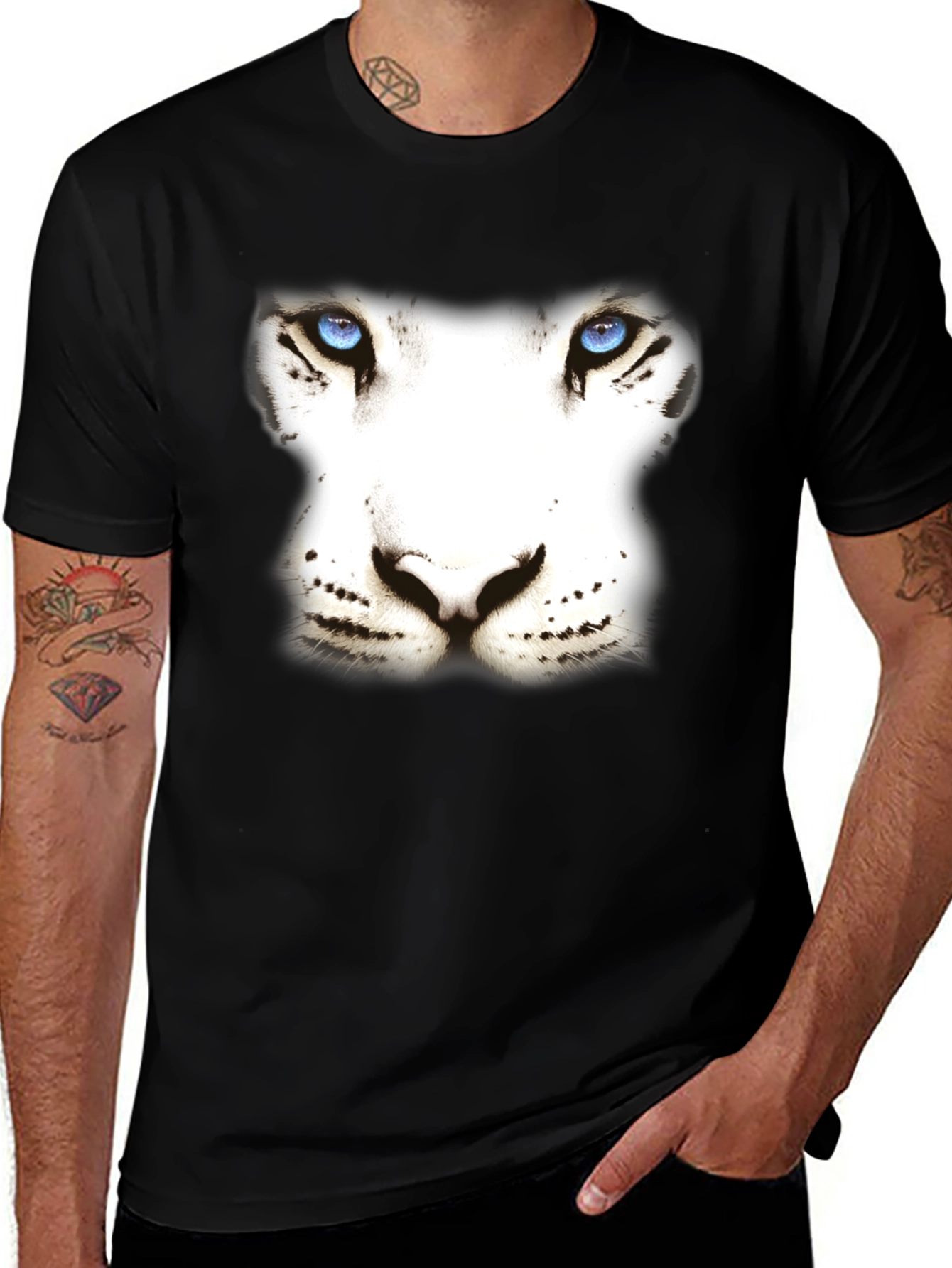 Variant 2 of White Tiger Face Graphic Black T-Shirt