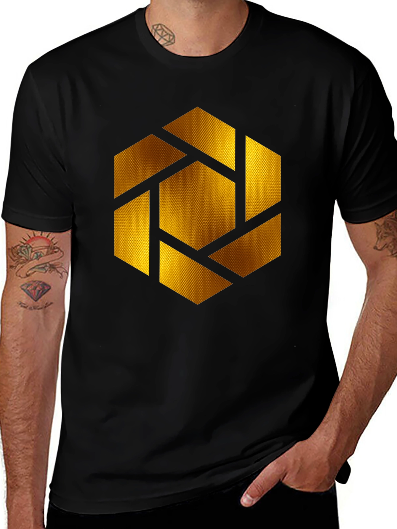 Variant 17 of Geometric Gold Shutter Graphic Black T-Shirt