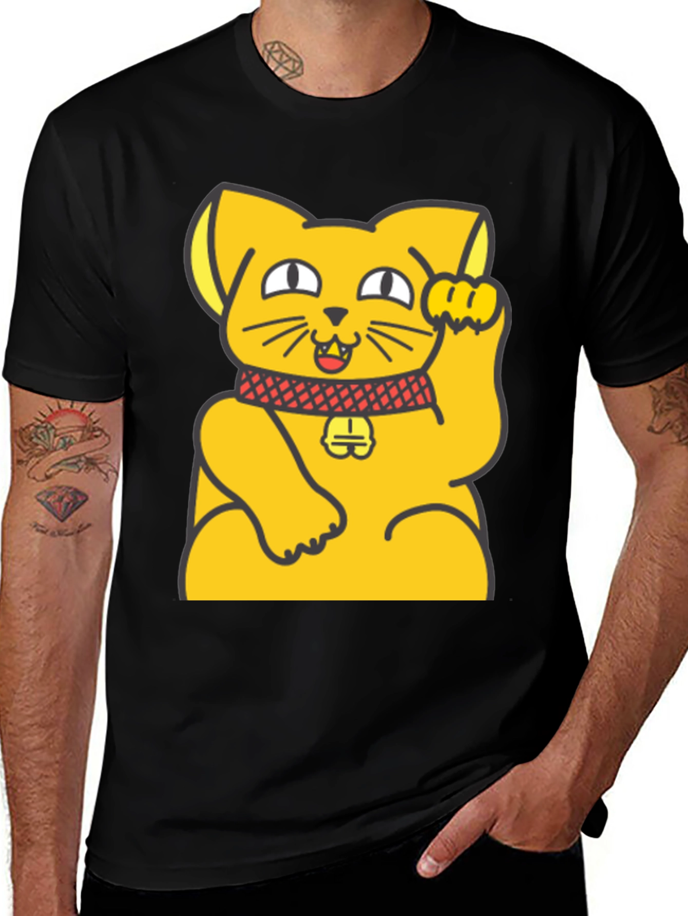 Variant 4 of Lucky Cat Graphic T-Shirt - Unisex Black Cotton Tee