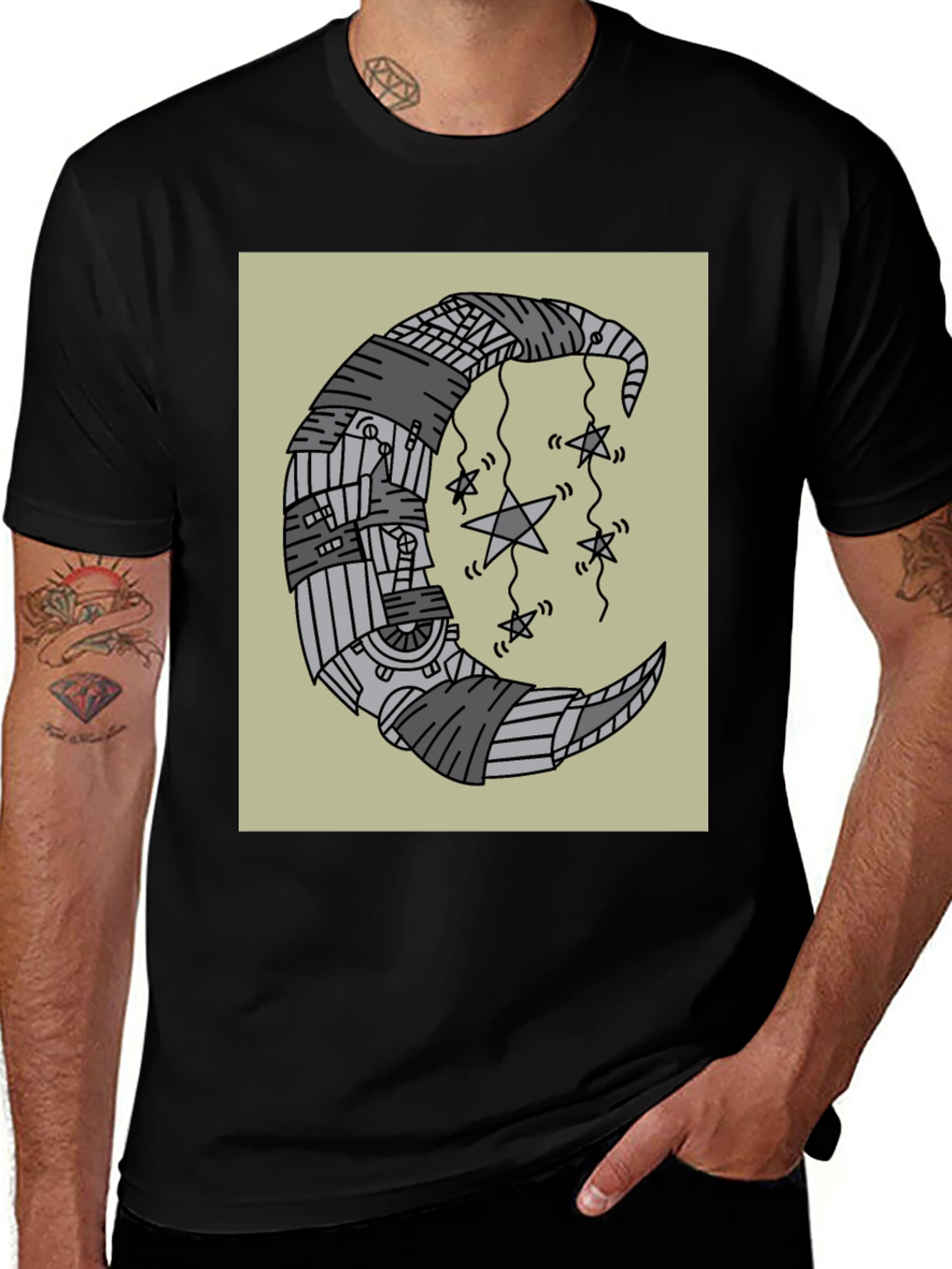 Variant 17 of Stylized Moon & Stars Graphic Black T-Shirt