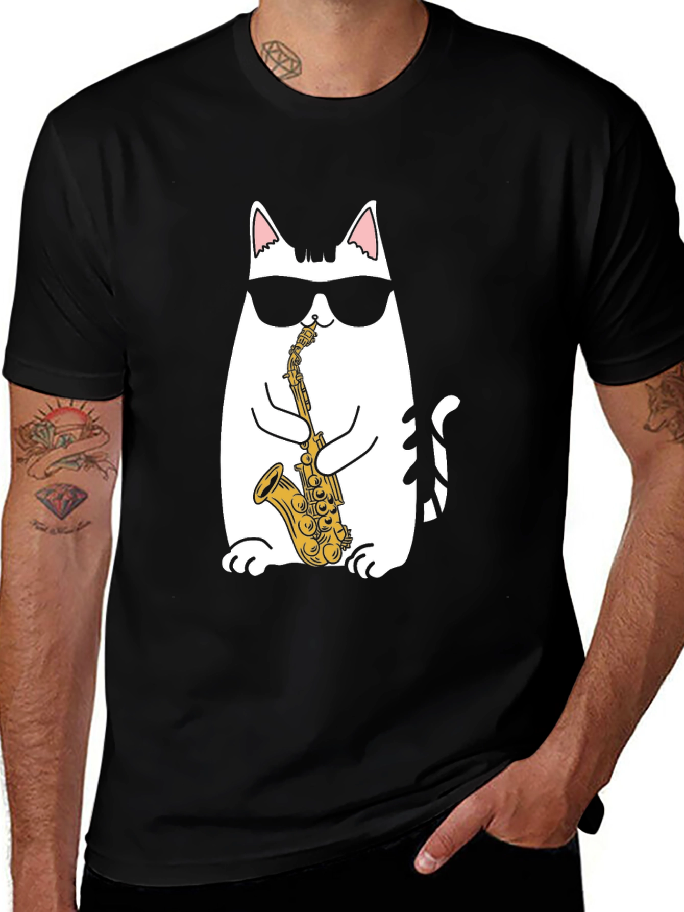 Variant 11 of Cool Cat Saxophone T-Shirt - Black