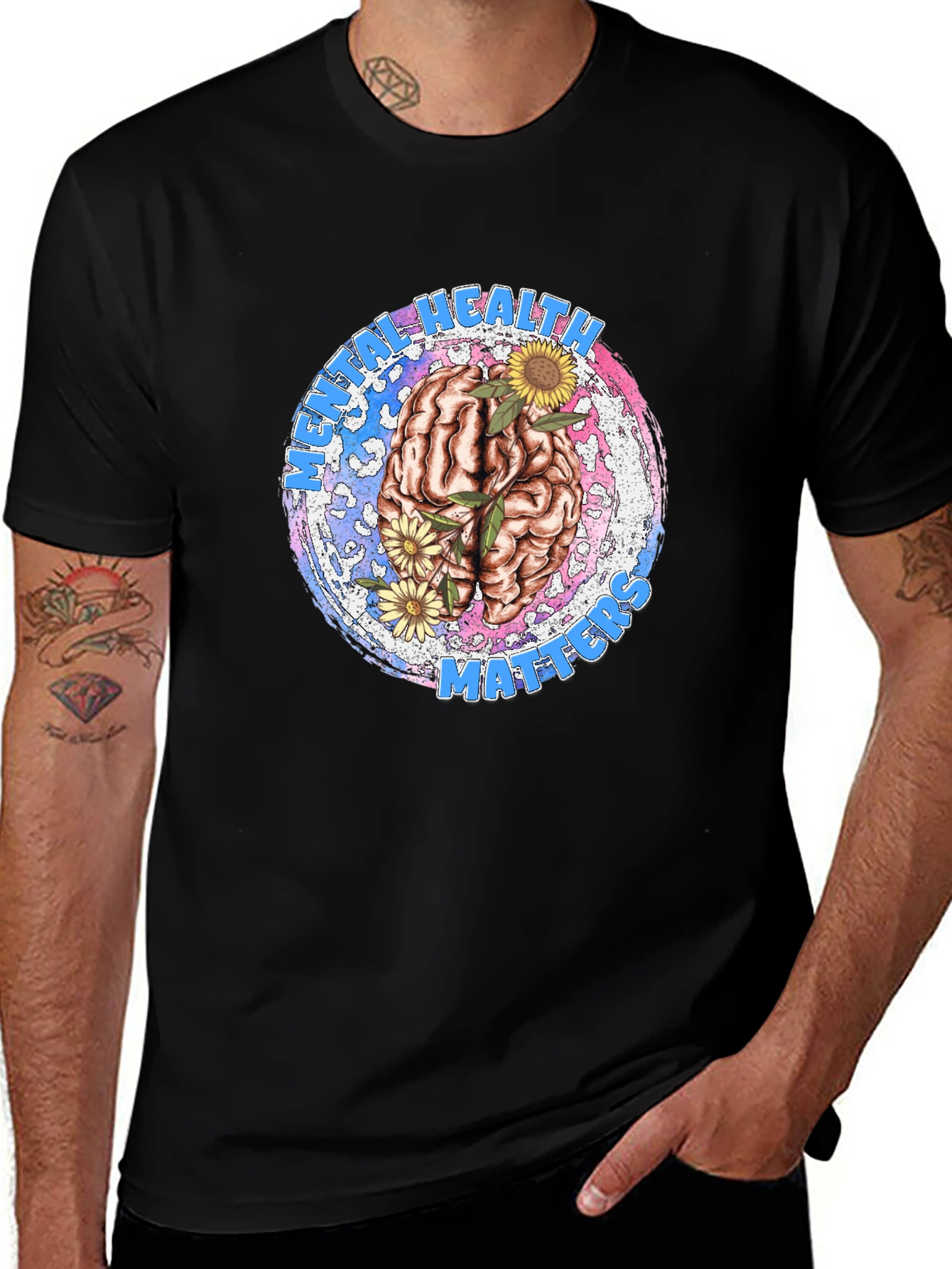 Variant 17 of Mental Health Matters T-Shirt - Brain & Flowers