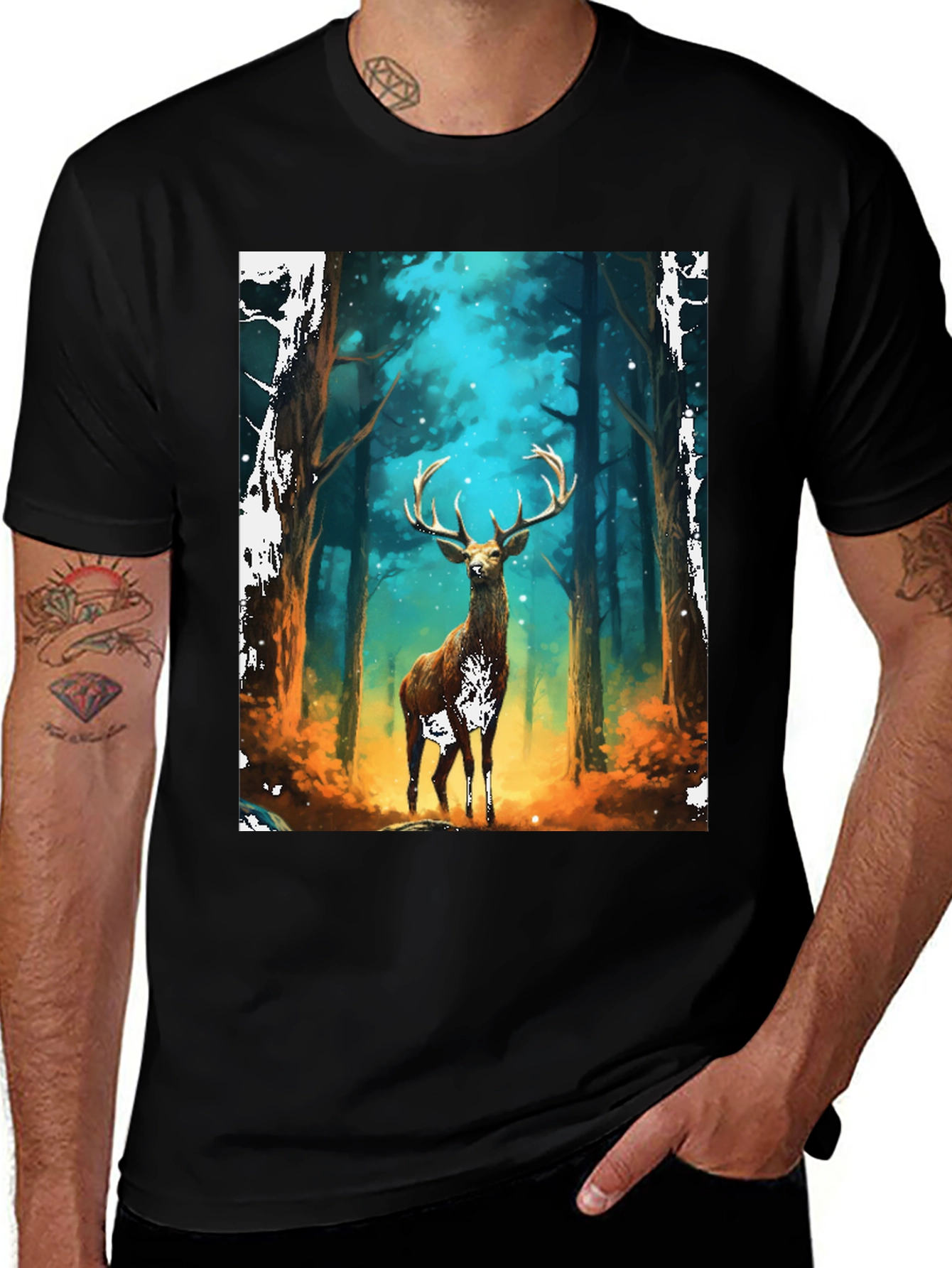 Variant 9 of Deer Forest Graphic Tee - Men's Black T-Shirt