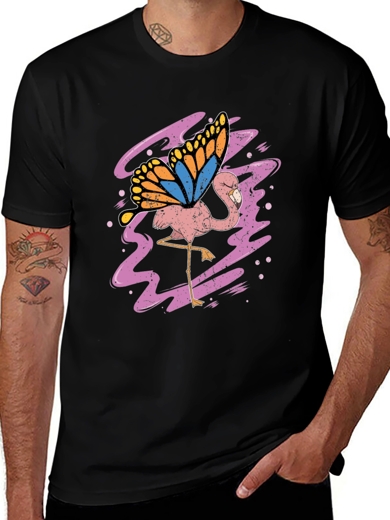 Variant 24 of Flamingo Butterfly Graphic Tee - Black Cotton Shirt