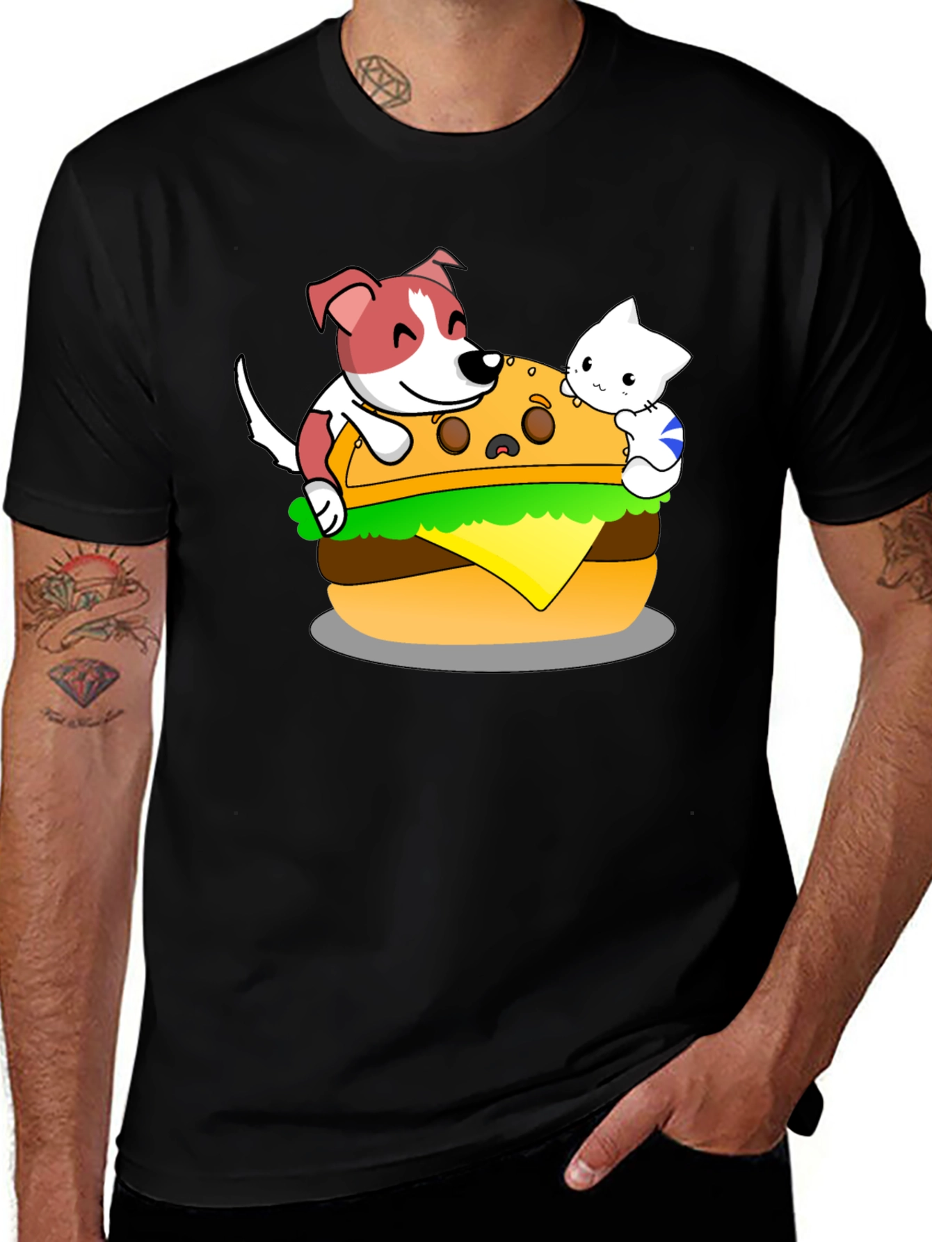 Variant 6 of Cartoon Burger T-Shirt with Dog and Cat
