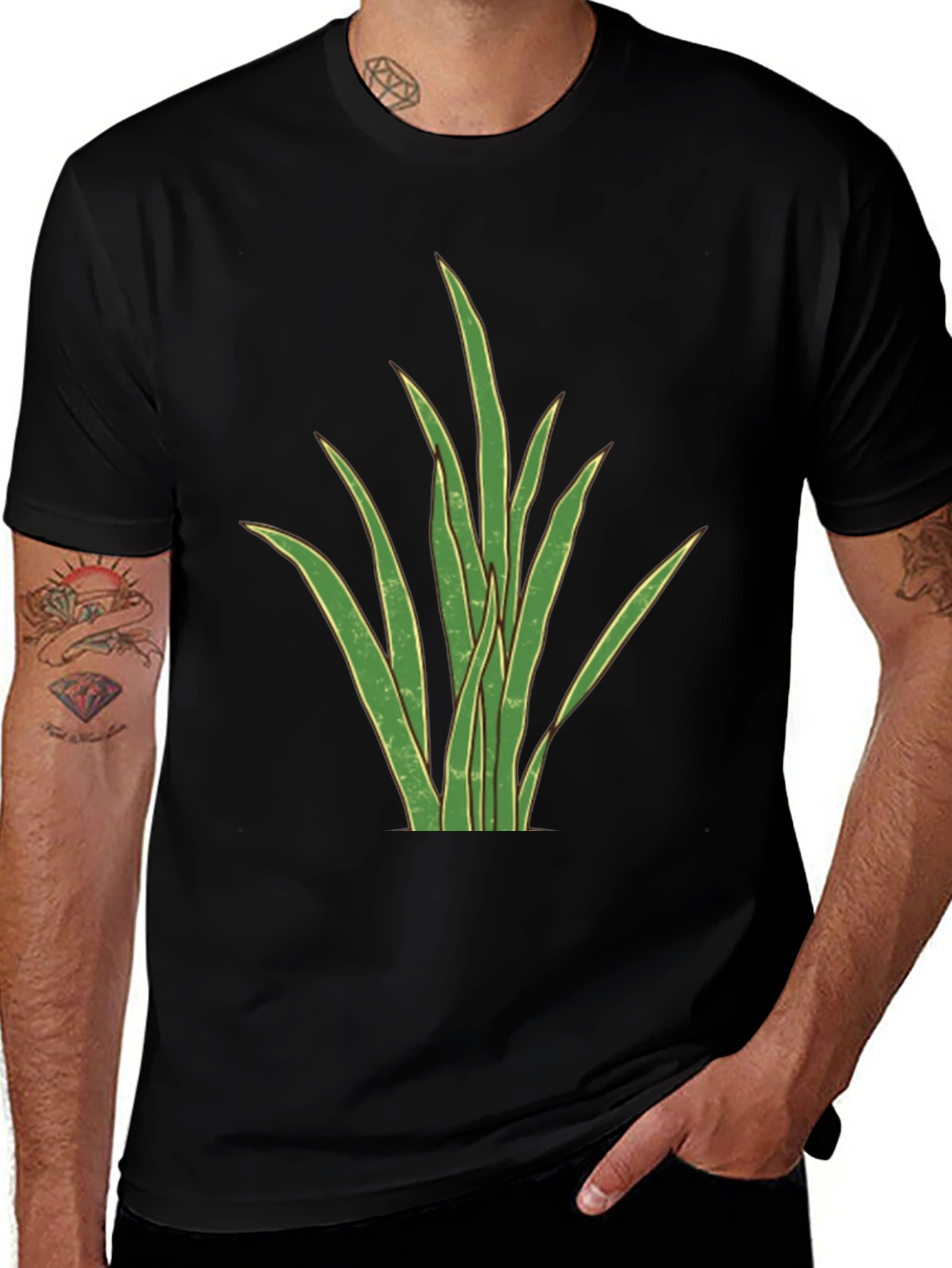 Variant 25 of Men's Black T-Shirt with Graphic Plant Design