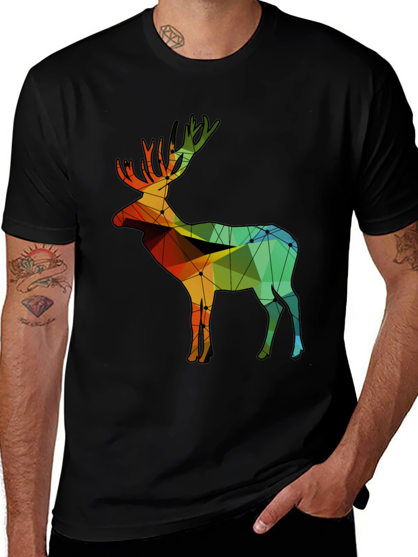Variant 30 of Geometric Deer Graphic Tee - Stylish Men's Black T-Shirt