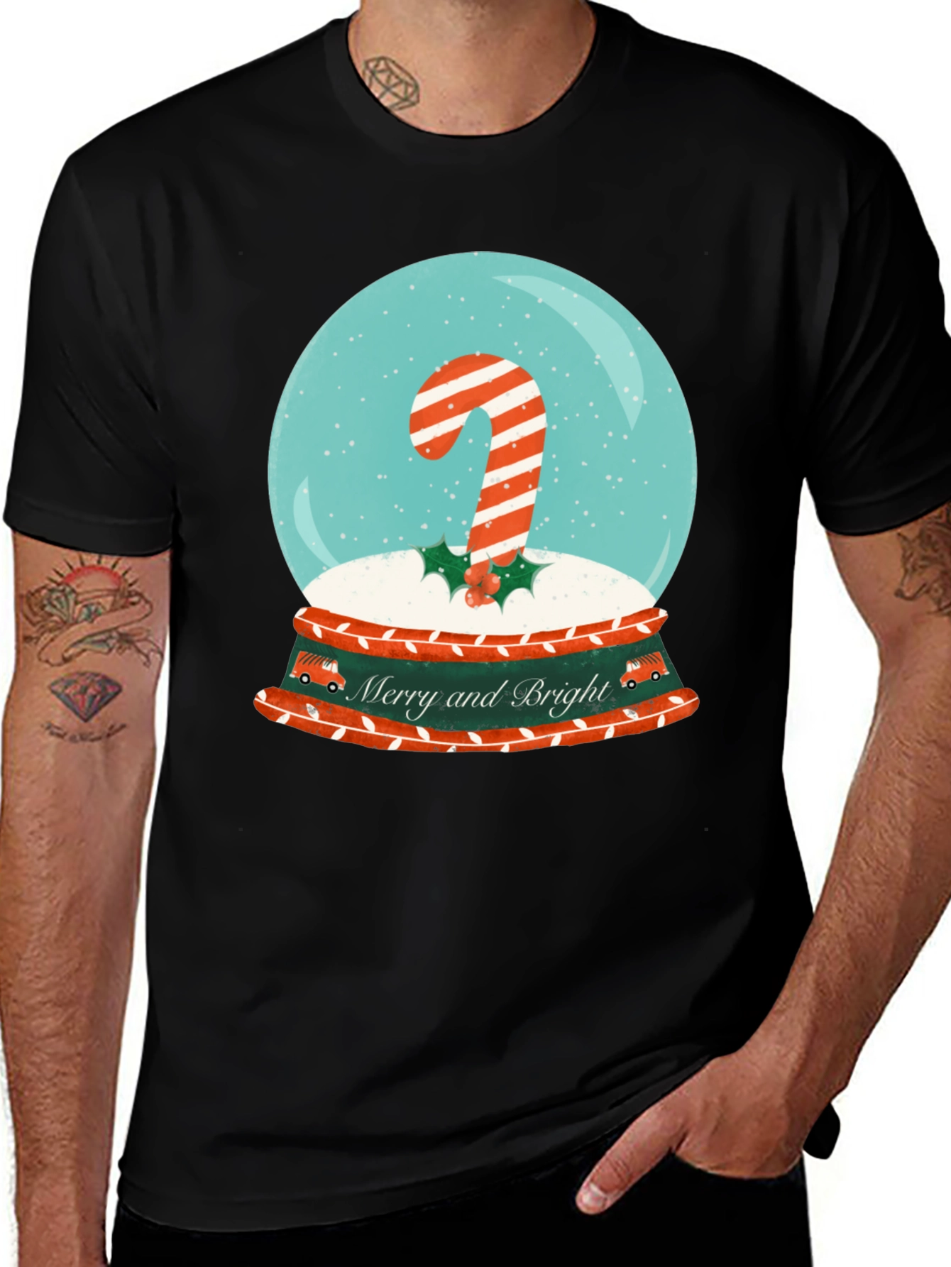 Merry & Bright Christmas Candy Cane Snow Globe T-Shirt
