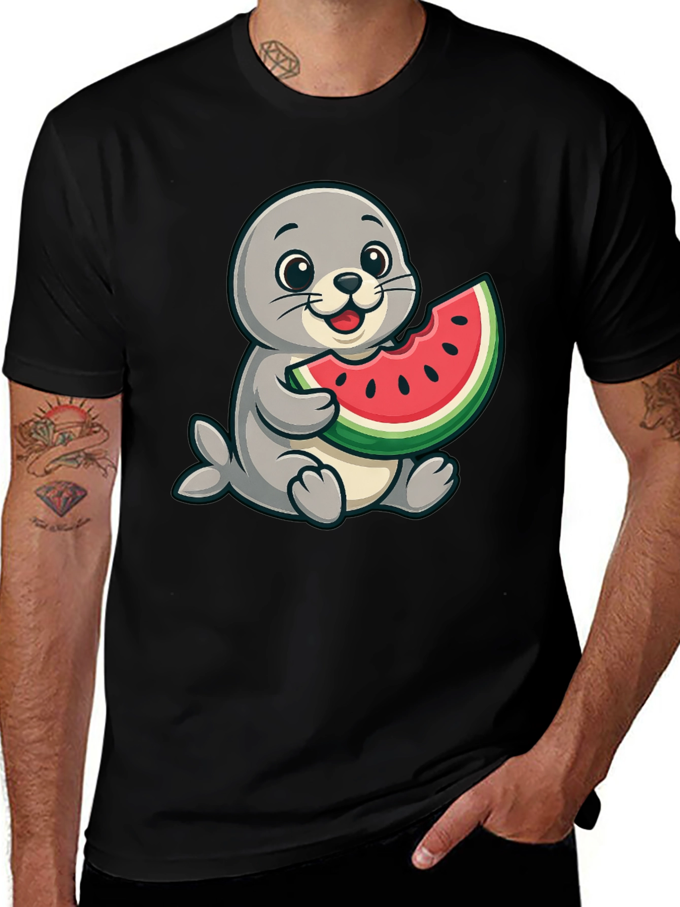 Seal Watermelon Graphic Tee - Black Cotton