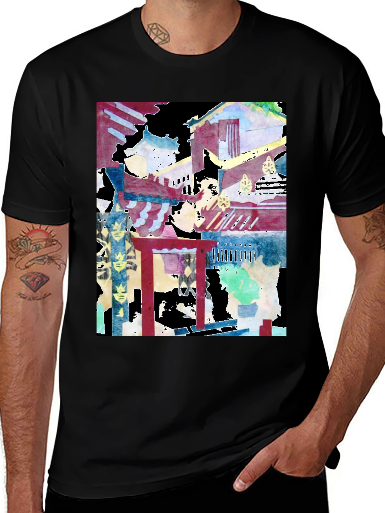 Variant 13 of Watercolor Asian Architecture Black T-Shirt