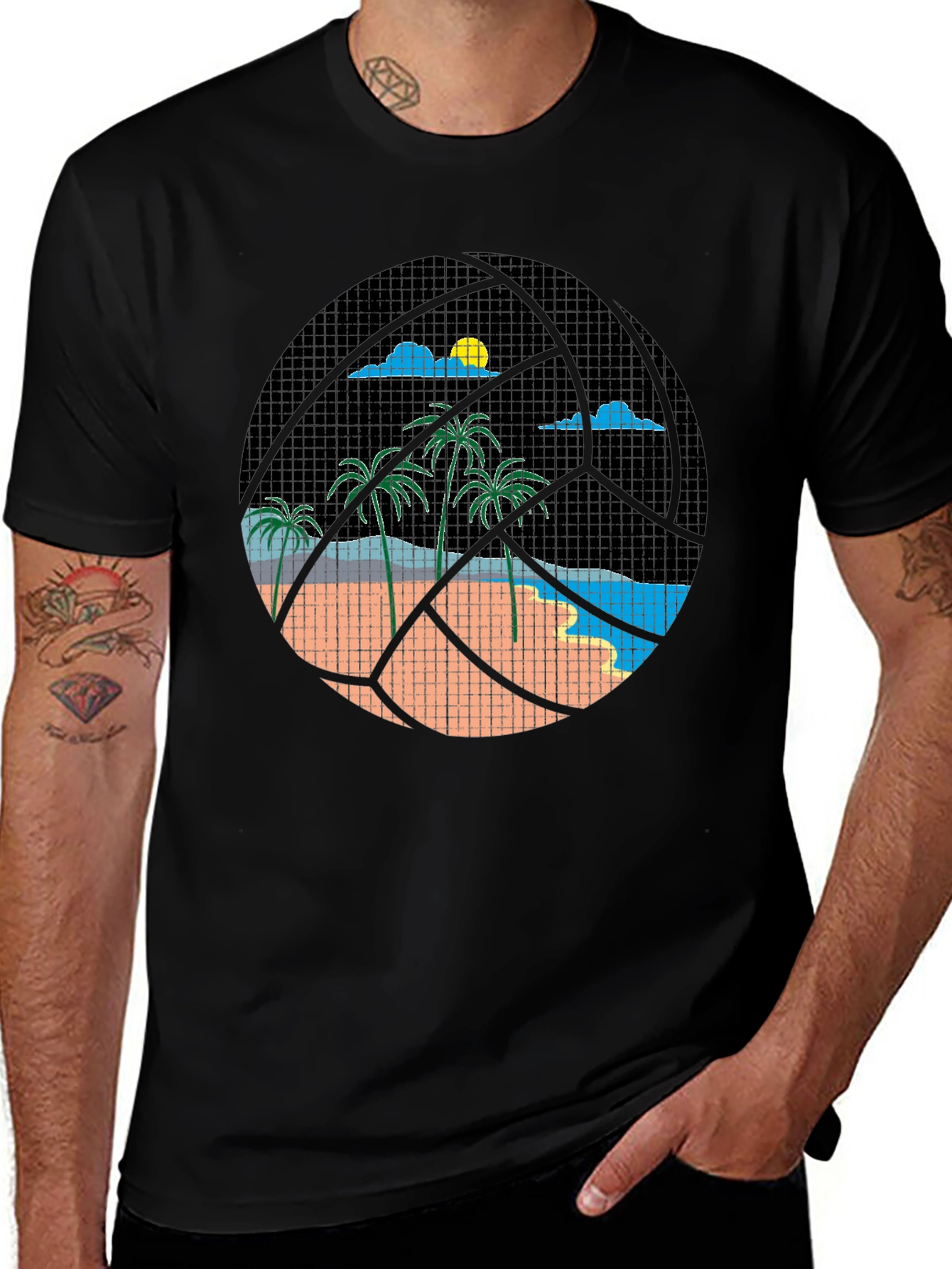 Tropical Beach Volleyball Graphic Tee - Black