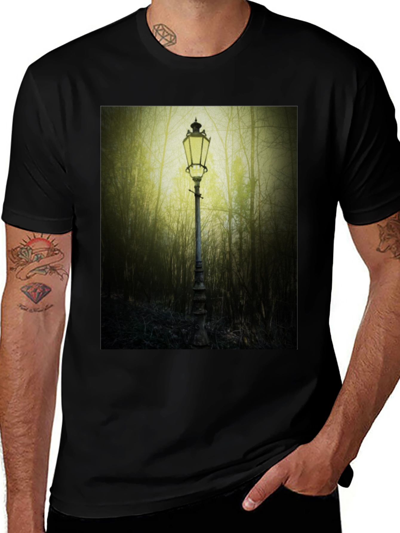 Variant 8 of Eerie Forest Lantern T-Shirt - Black Cotton Tee