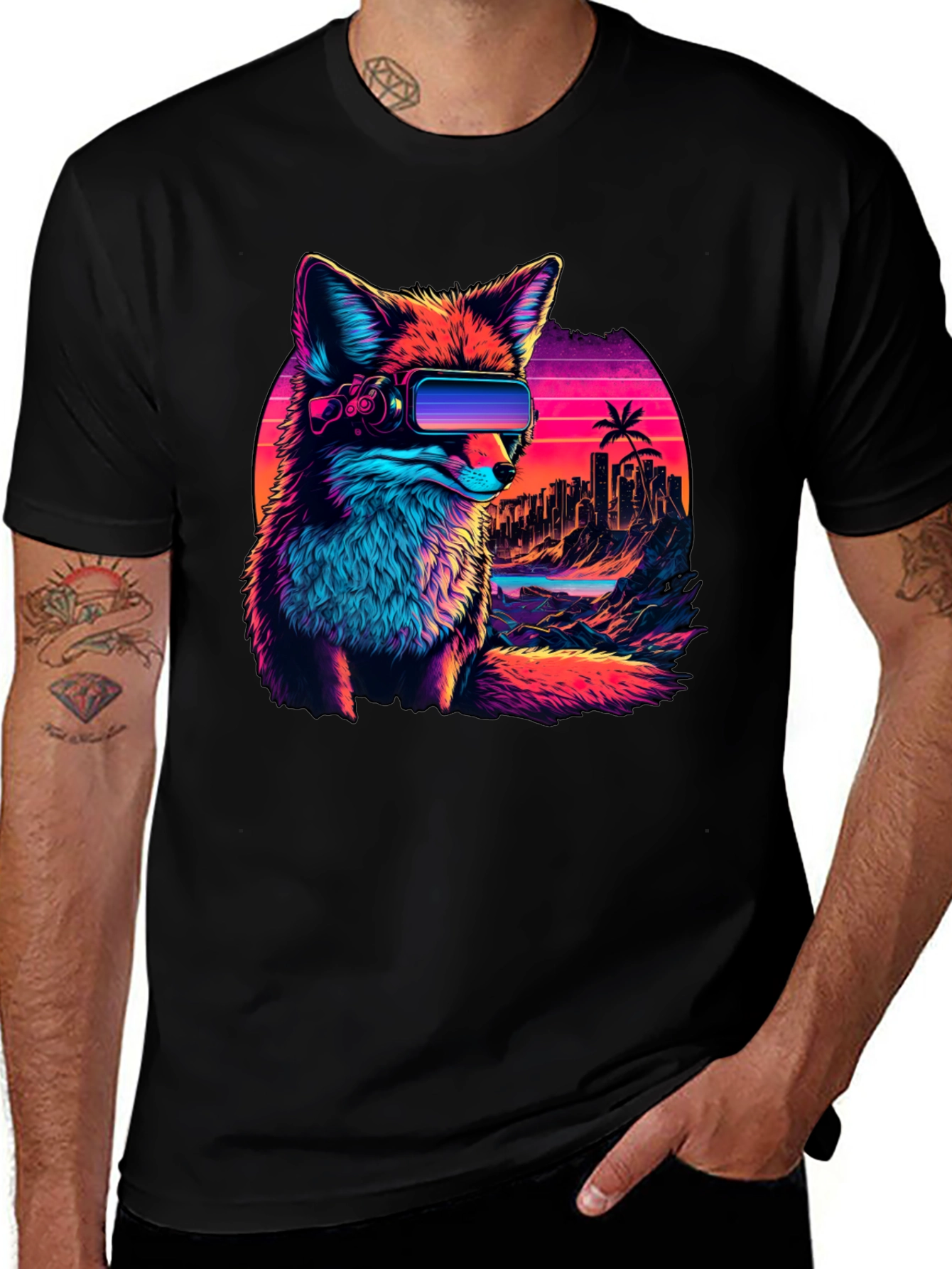 Variant 8 of Retro Cyberpunk Fox T-Shirt - Black