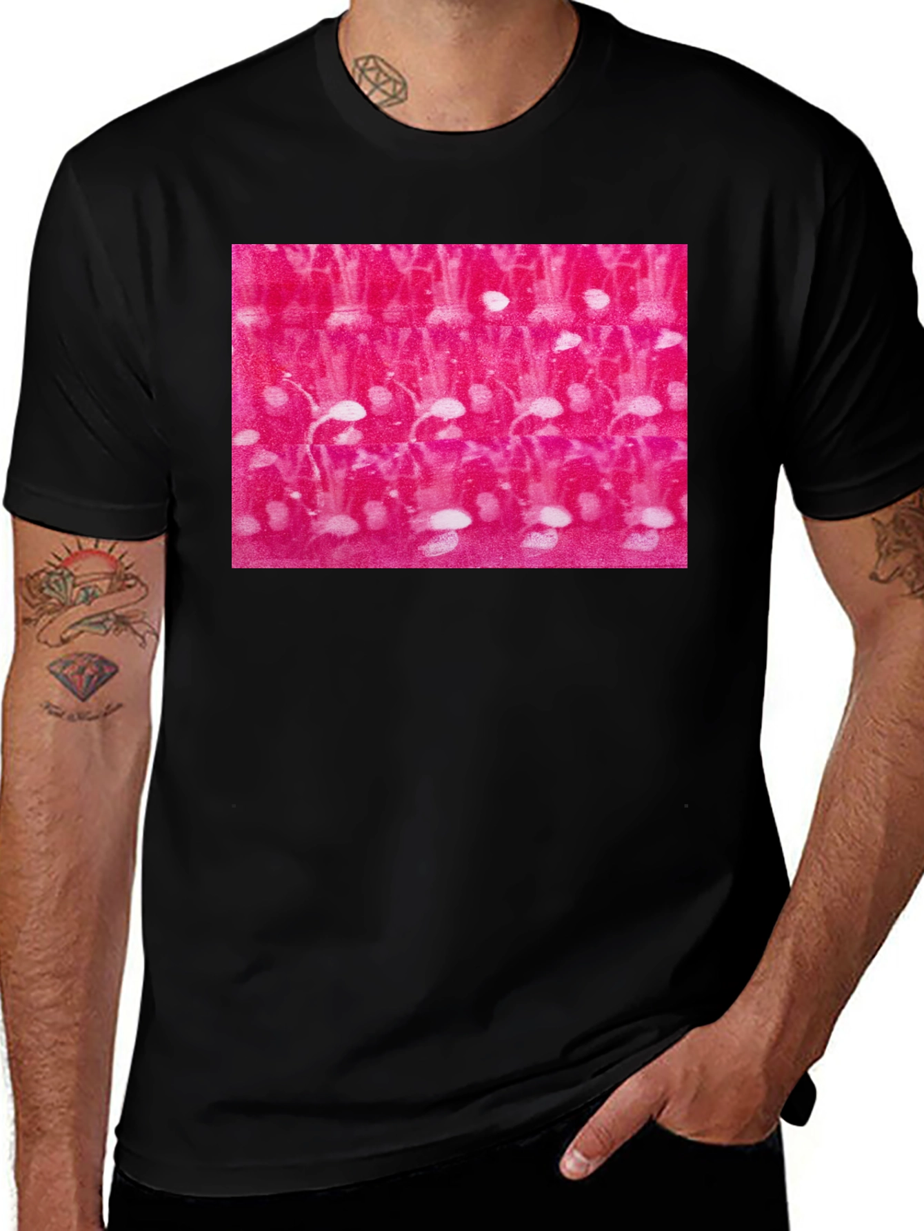 Variant 3 of Abstract Pink and White Pattern Black T-Shirt