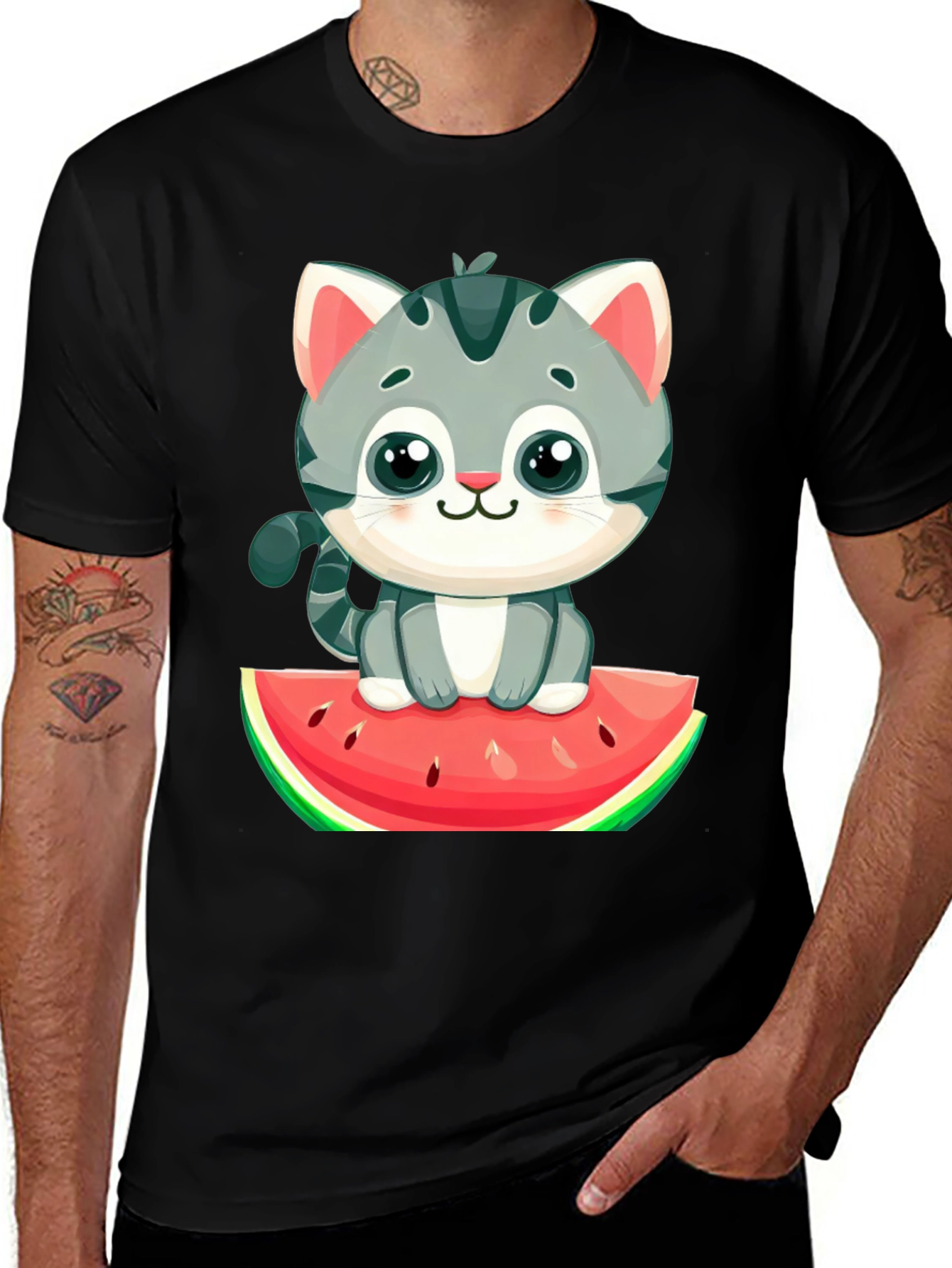 Variant 5 of Cute Cat on Watermelon Graphic Tee - Black T-Shirt
