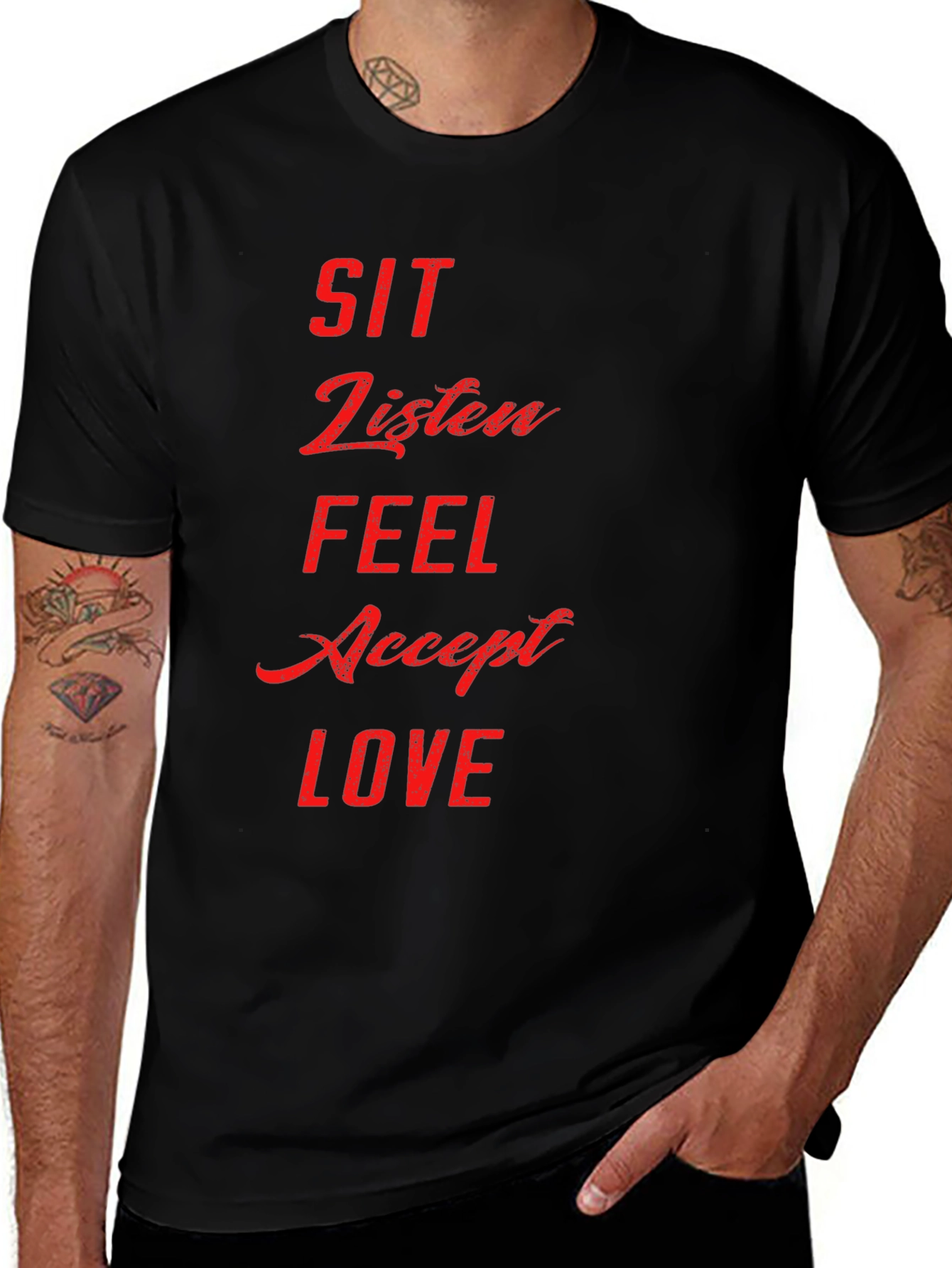 Variant 25 of Sit Listen Feel Love Black Graphic T-Shirt