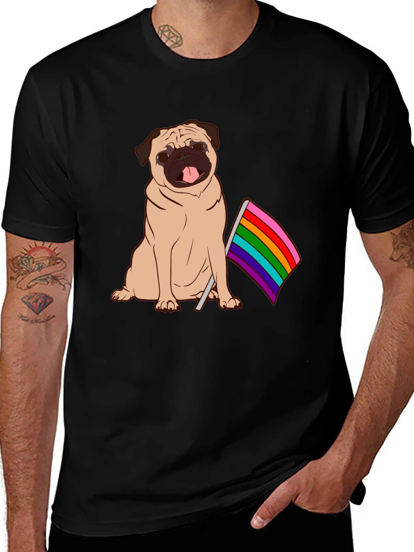 Variant 26 of Pug Pride T-Shirt: Cute Dog with LGBTQ Rainbow Flag Tee