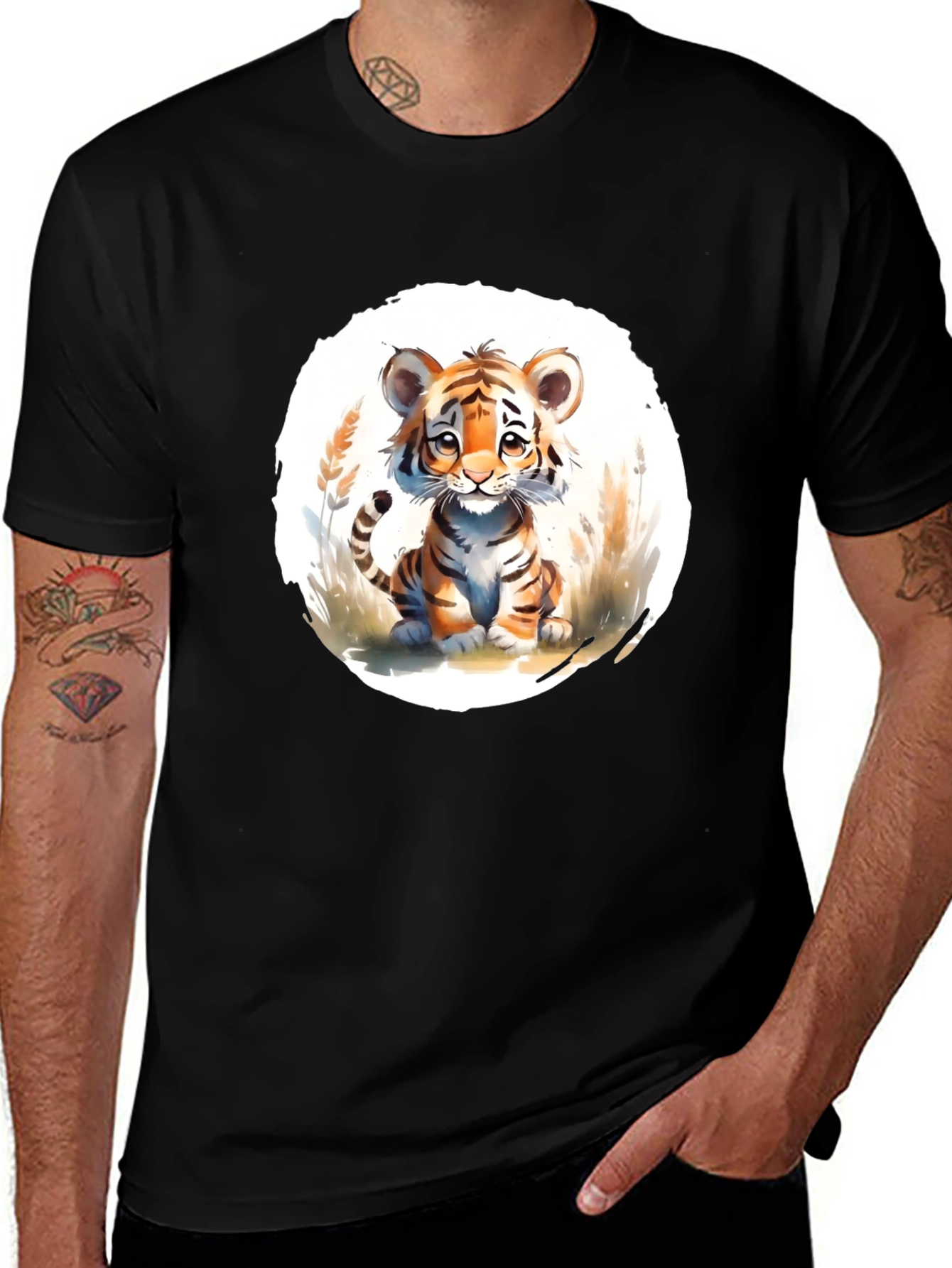 Cute Tiger Cub Graphic Black T-Shirt