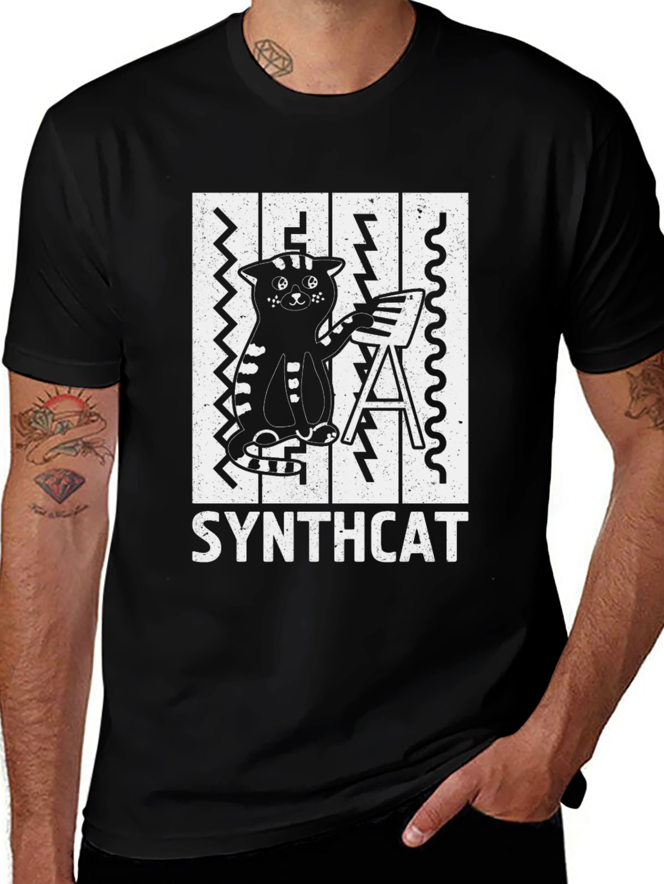 Variant 24 of Synthcat T-Shirt - Cool Cat Musician Tee