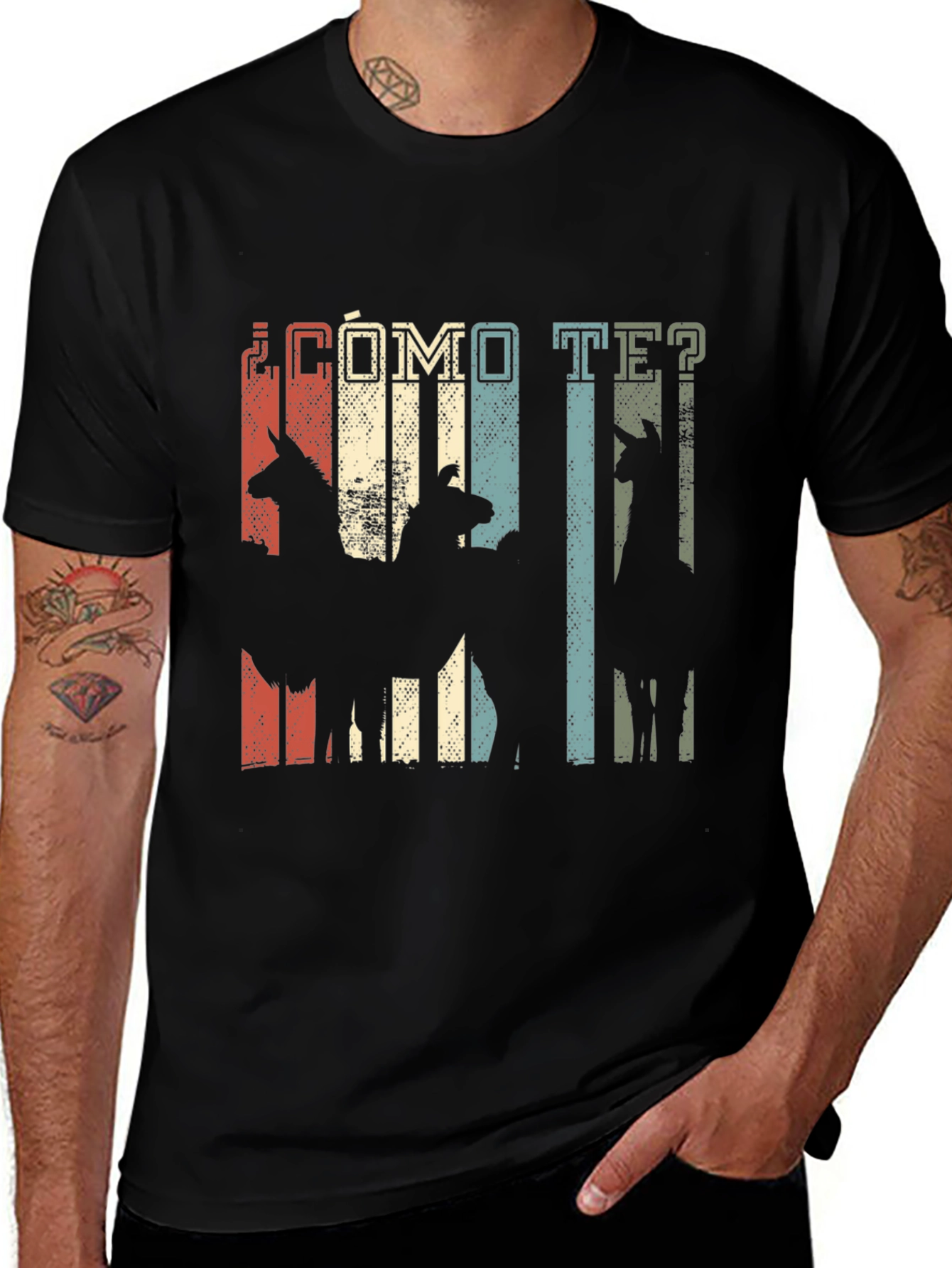 Variant 12 of Como Te Llama T-Shirt Llama Retro Striped Black Tee