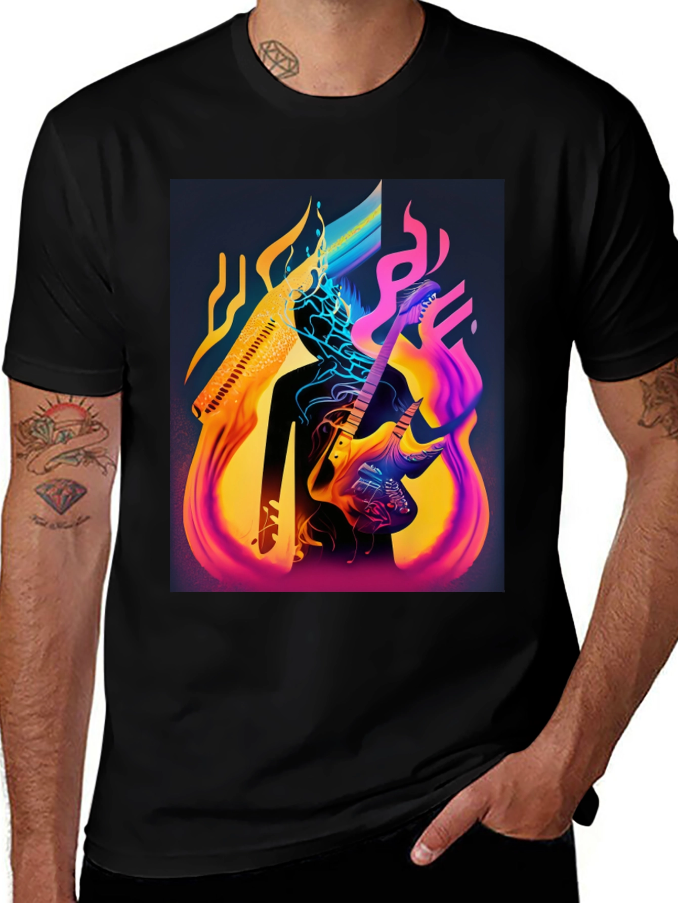 Variant 6 of Abstract Guitarist Graphic Tee - Black Cotton Blend