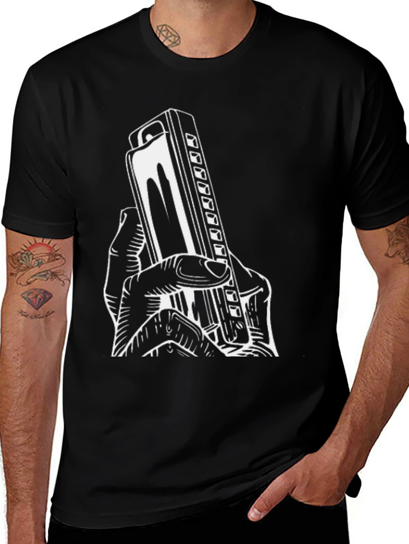 Variant 22 of Harmonica Player T-Shirt - Black Graphic Tee