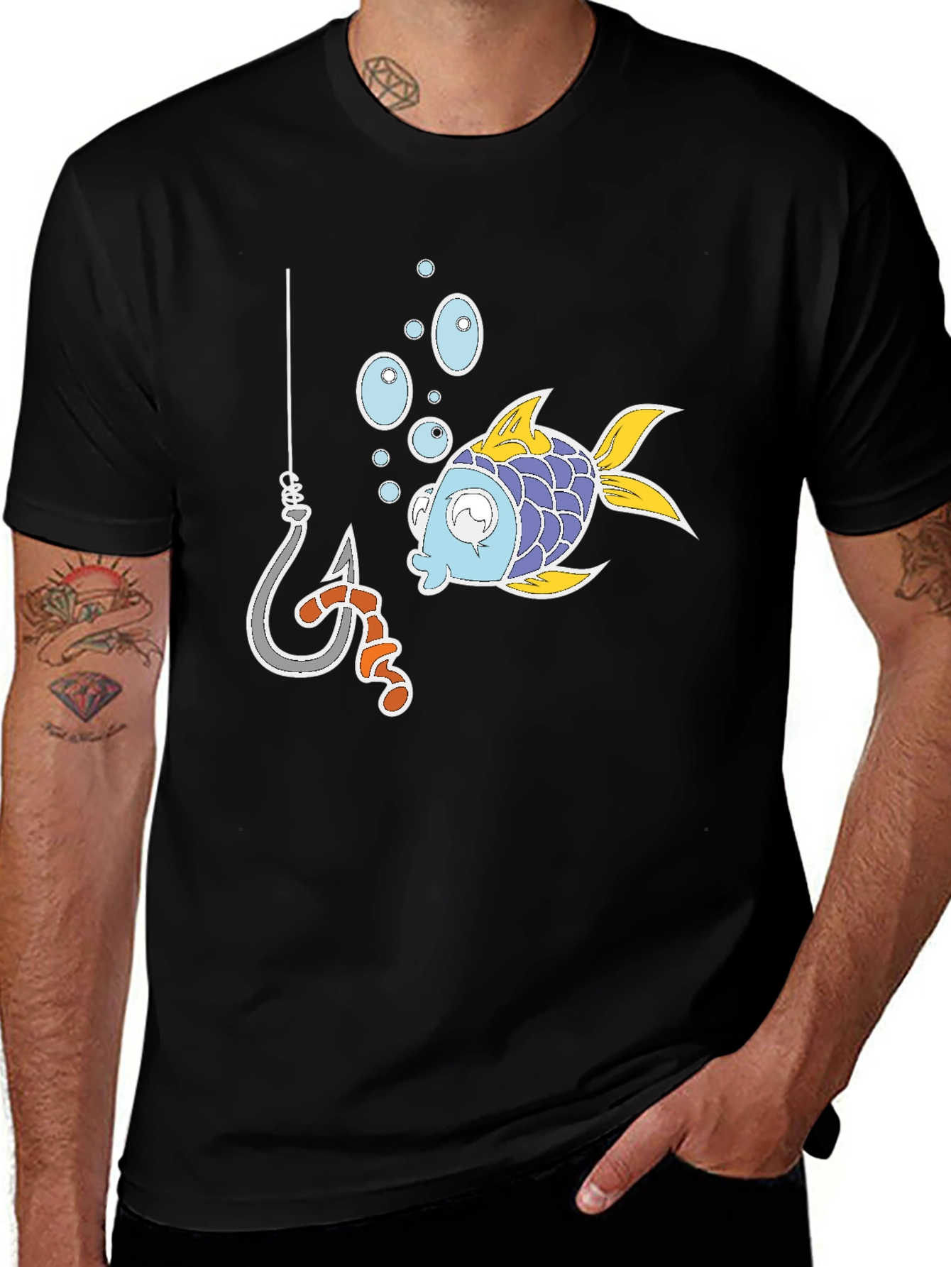Black Funny Fish Hook Cartoon Graphic Tee main image