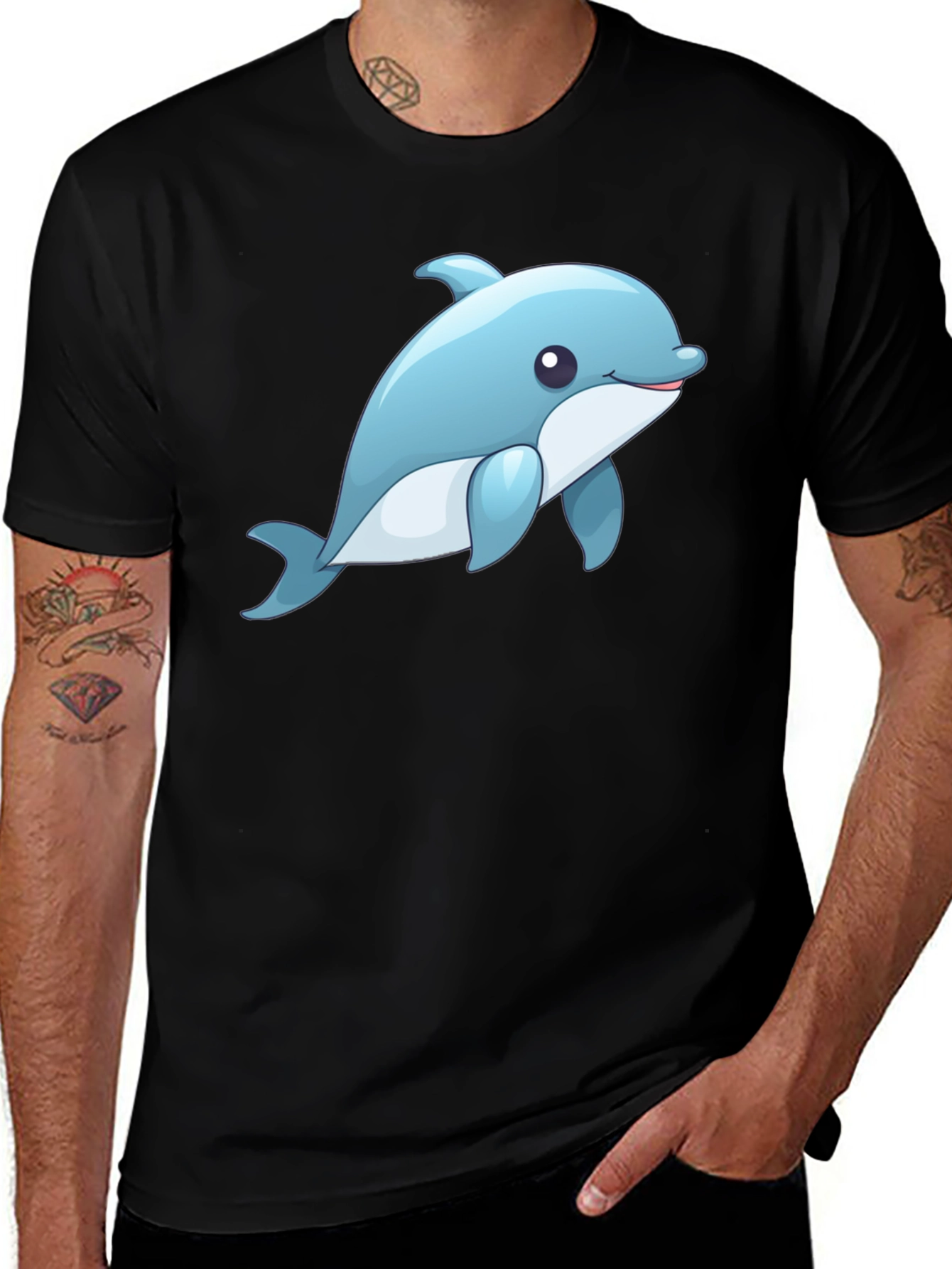 Variant 7 of Cute Dolphin Graphic Tee - Black Cotton T-Shirt
