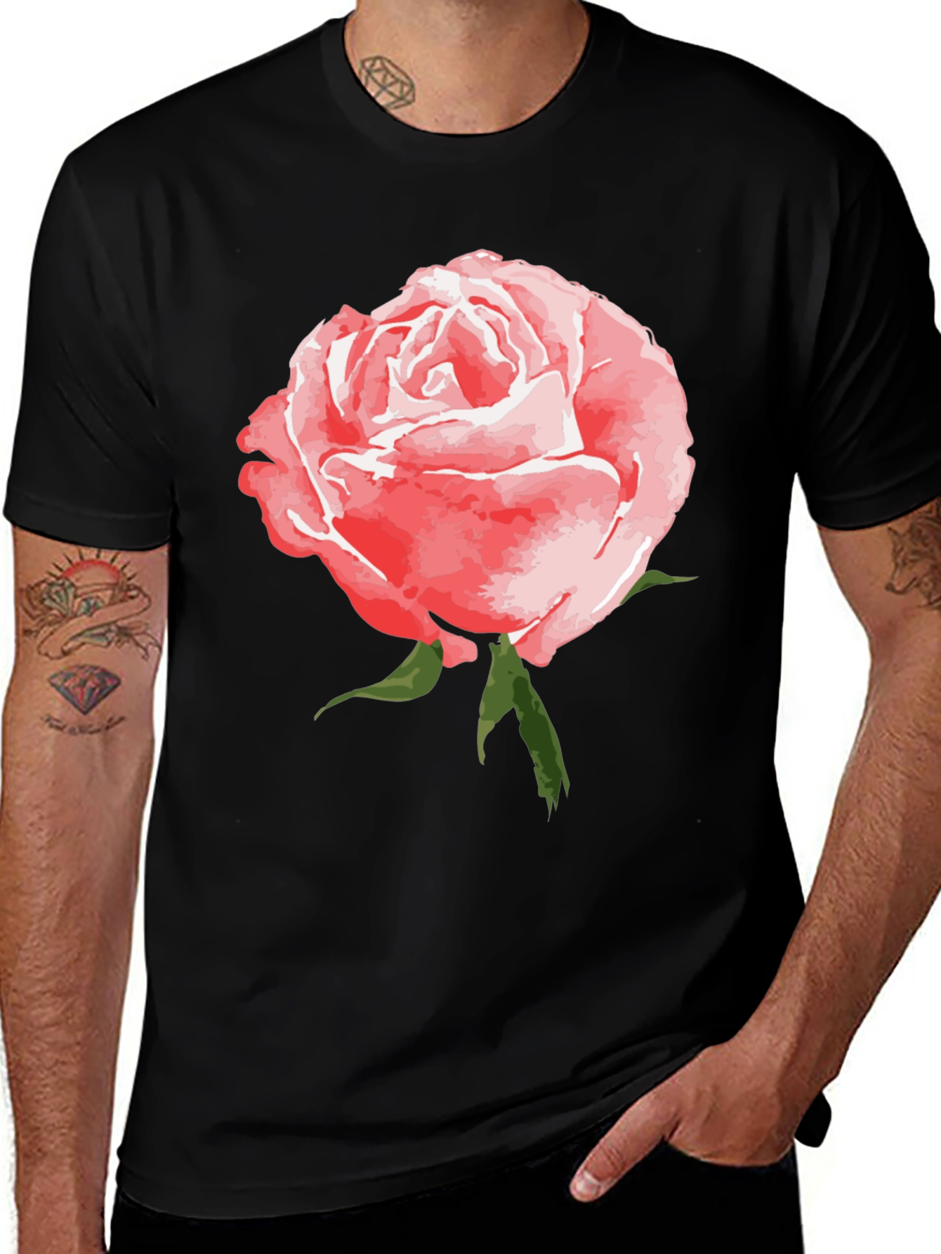Variant 18 of Black T-Shirt with Rose Print - Casual Wear