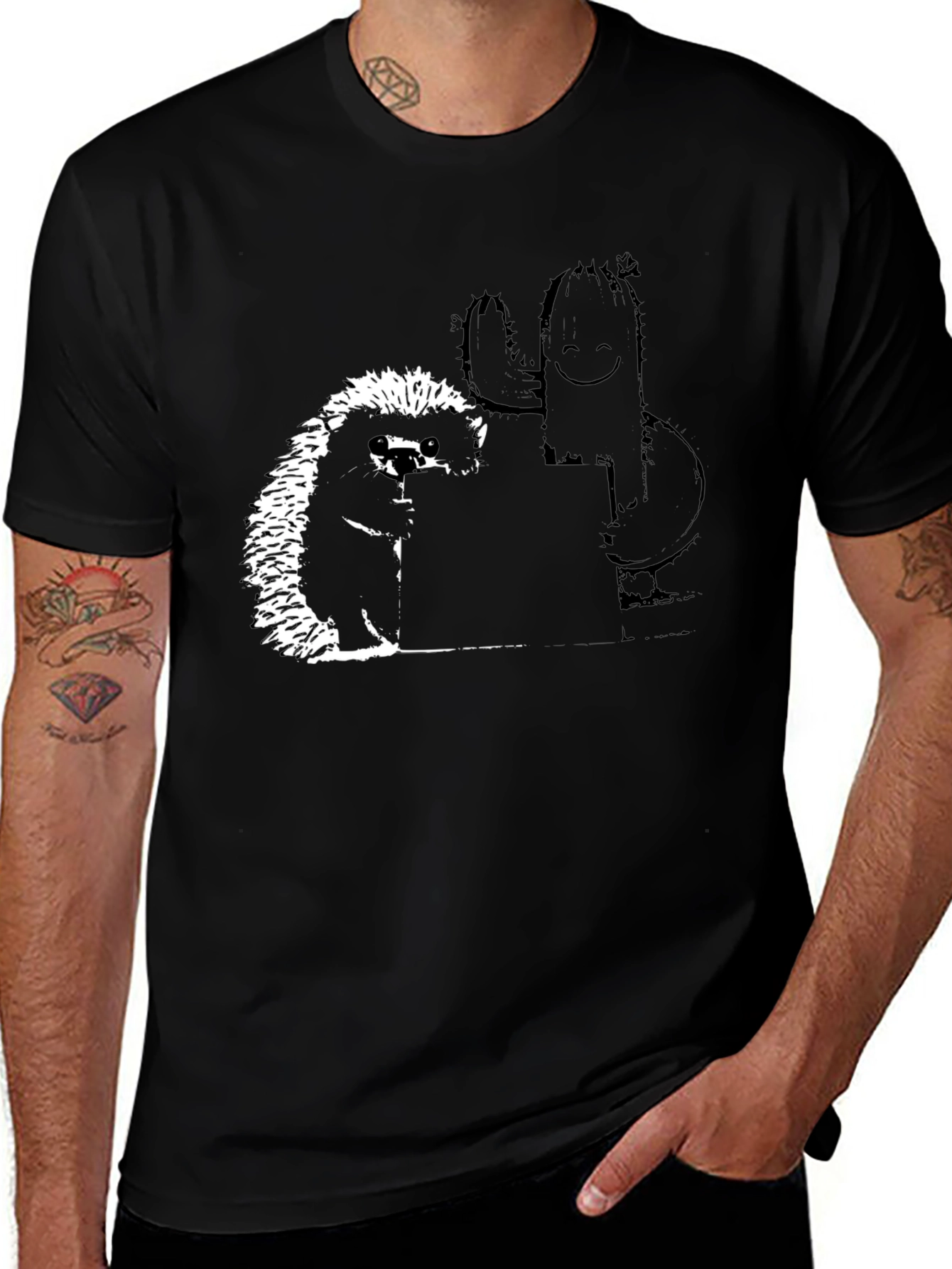 Variant 7 of Black T-Shirt with Hedgehog & Cactus Graphic
