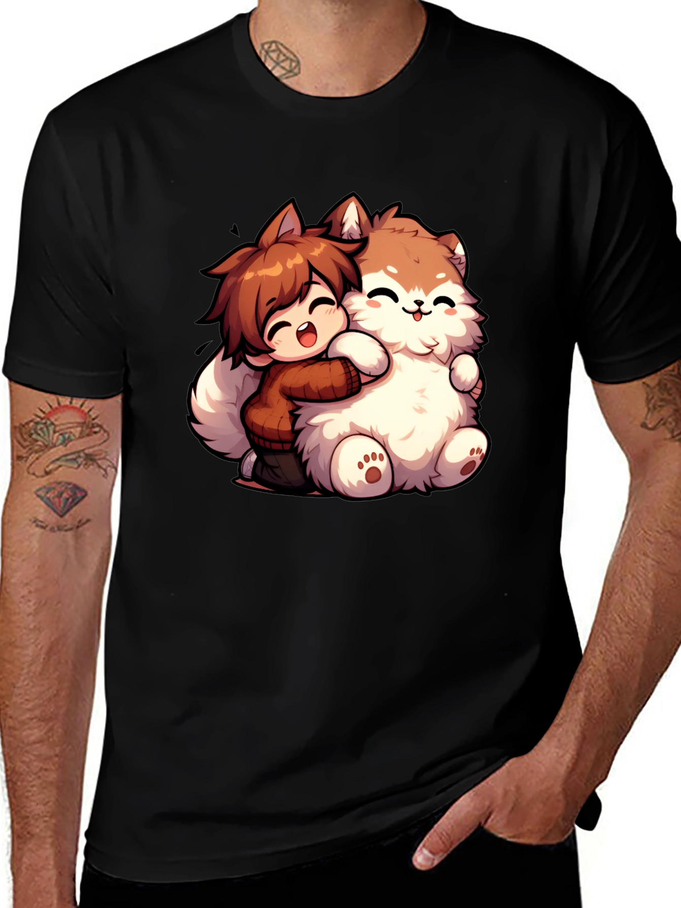 Variant 3 of Anime Boy Hugging Fluffy Dog Cartoon T-Shirt