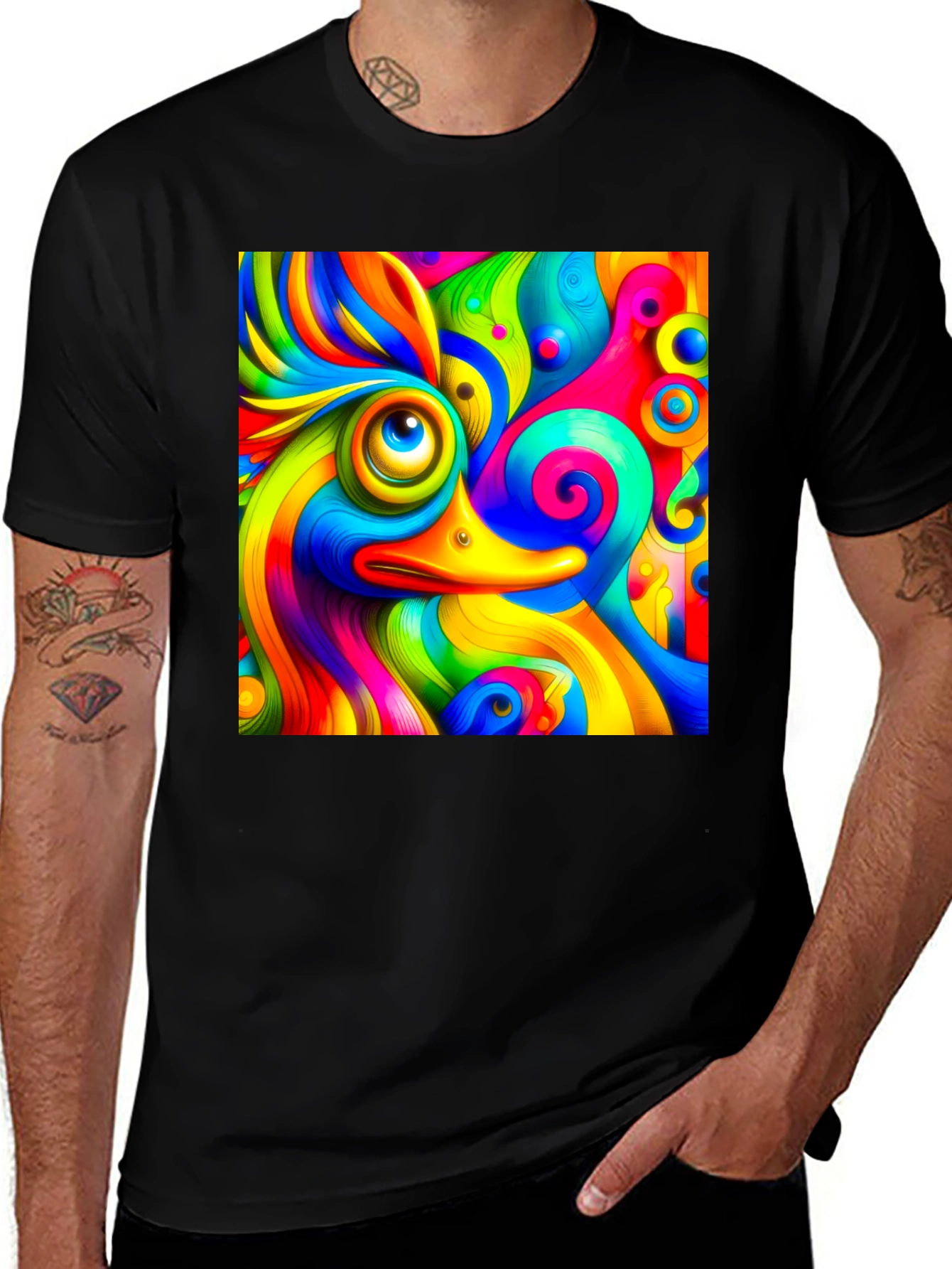 Black Psychedelic Duck Graphic Tee - Vibrant Colors main image