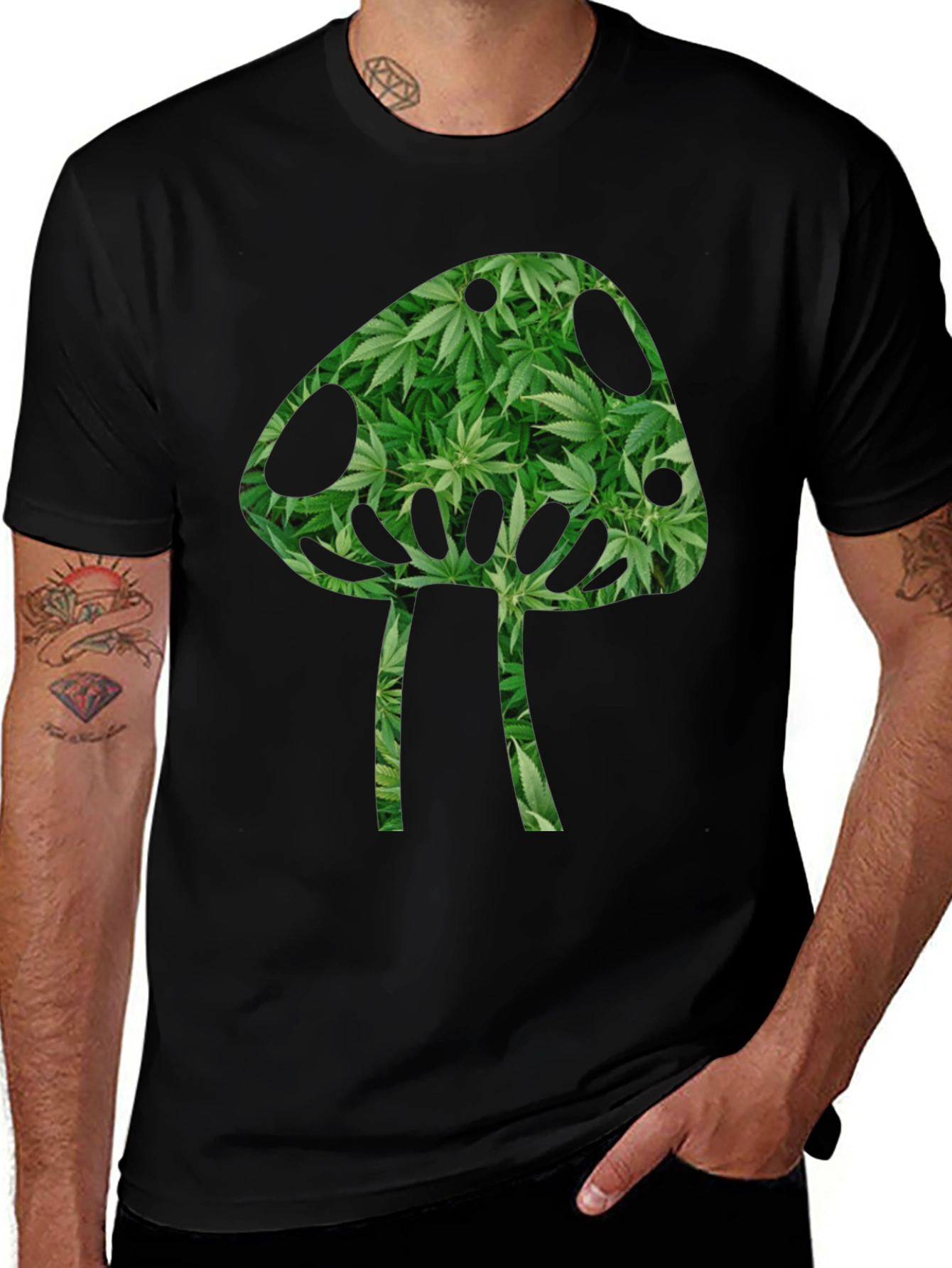 Variant 7 of Mushroom Weed Leaf Print T-Shirt - Black